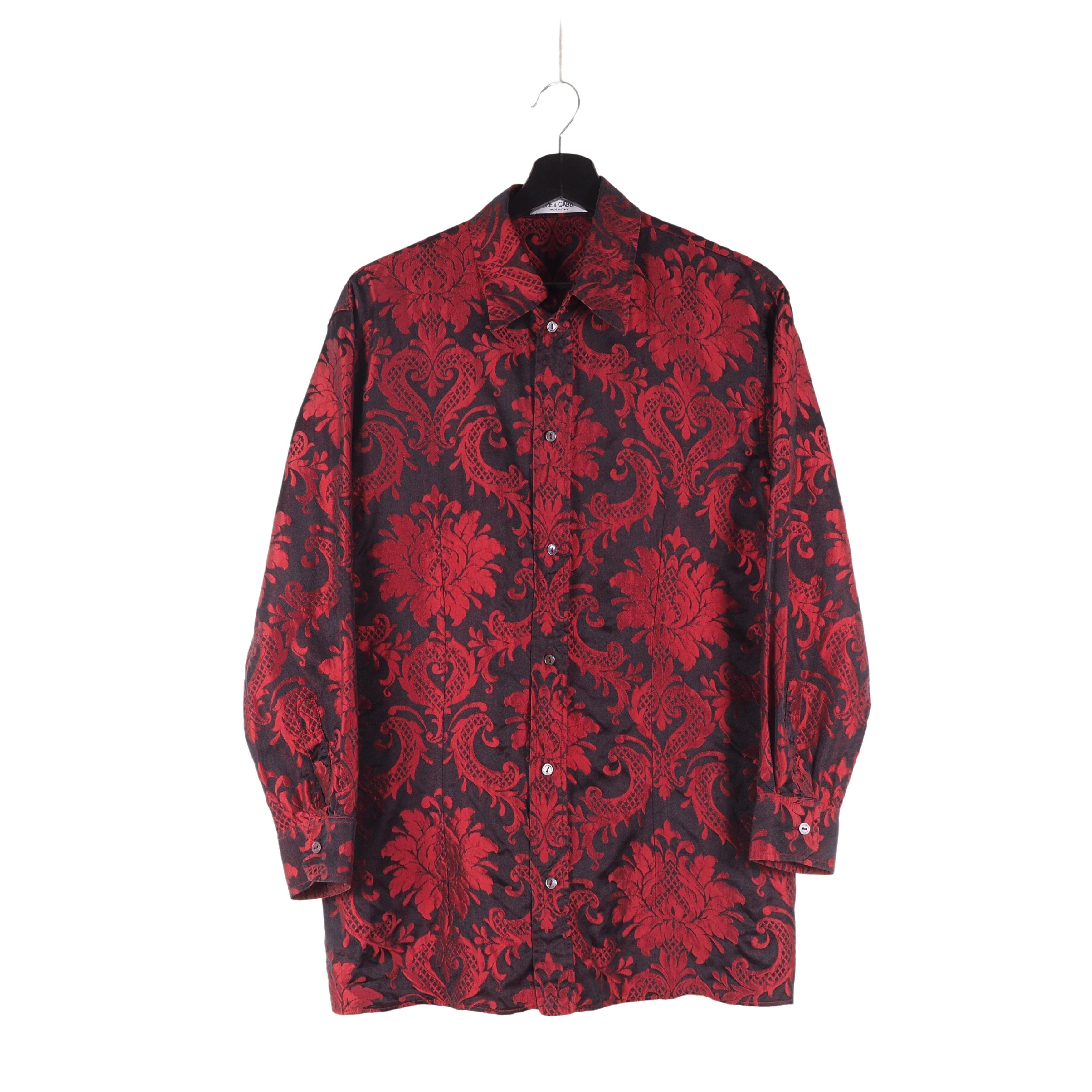 image of Archival Clothing x Dolce Gabbana 90's Vintage Black Red Jacquard Silk Shirt (Size Large)