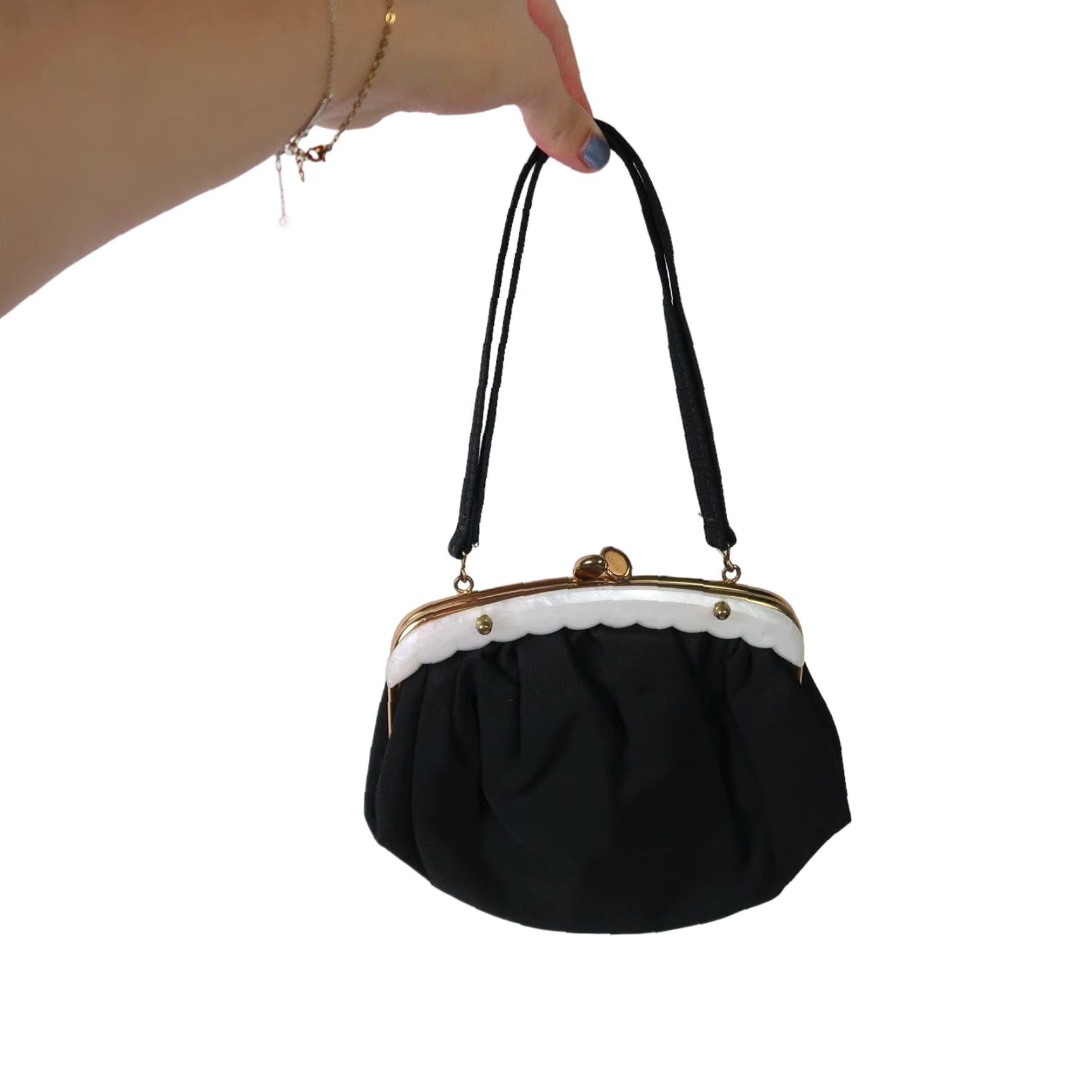 Vintage VINTAGE Black Small Handbag Evening Purse White Lucite Trim Kiss Lock Top Handle Bag Womens 50s Party Cocktail Casual Men? No. Size ONE SIZE - 4 Thumbnail