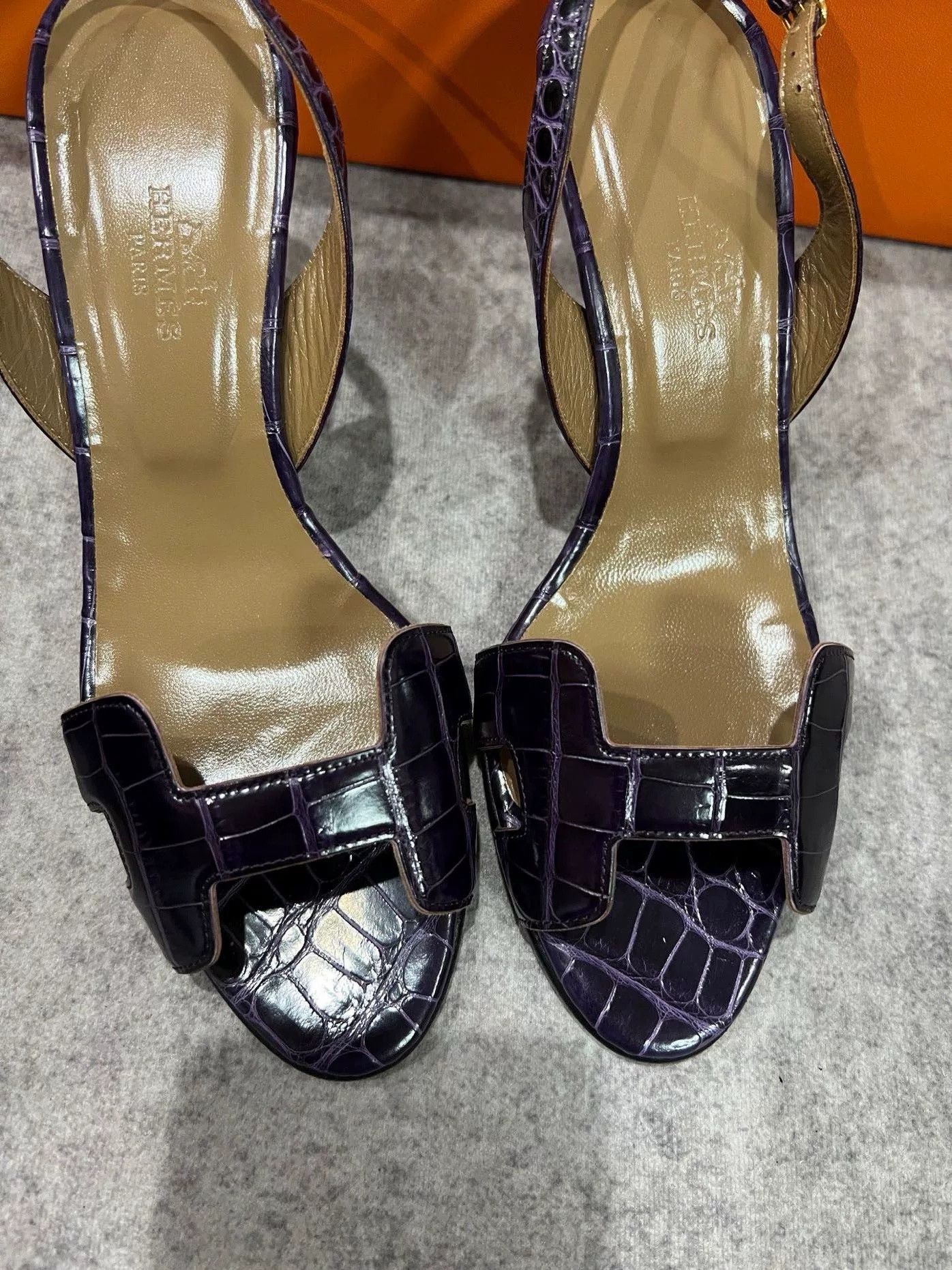 Hermes Hermes Purple Crocodile Heeled H Sandals Size US 7 / EU 40 - 3 Thumbnail