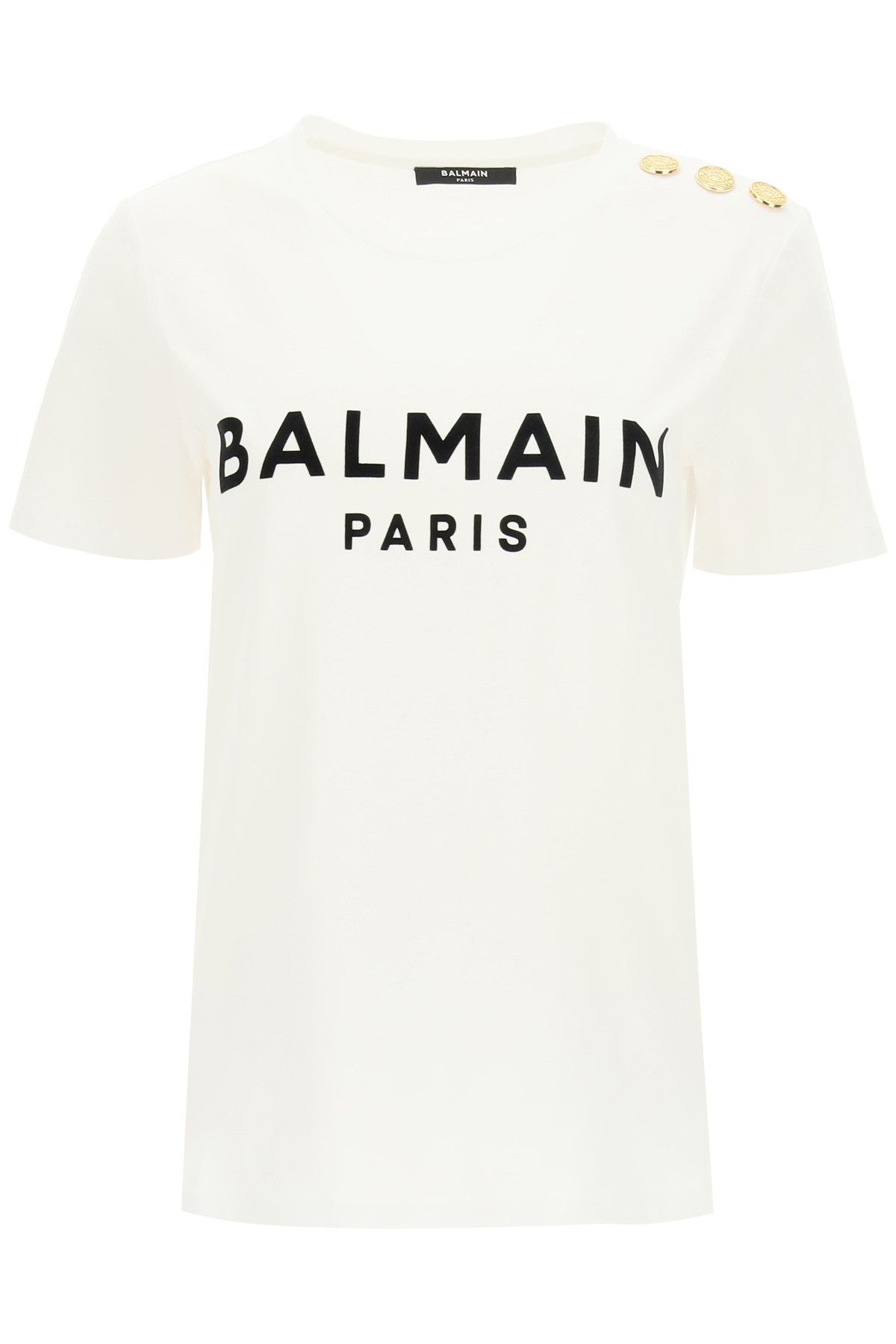 image of Balmain T-Shirt With Logo Print And Embossed Buttons in Blanc Noir, Women's (Size XS)