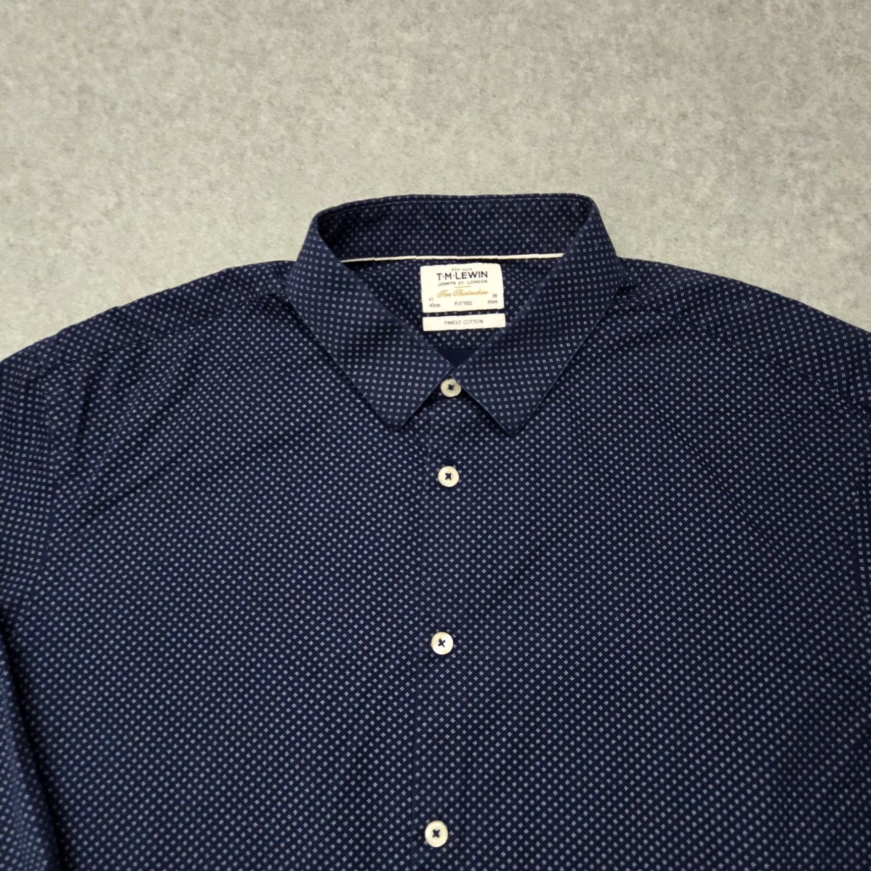 Vintage TM Lewin Shirt Mens 17 36 Navy Blue Fitted Dress Long Sleeve Patterned Button Up Formal Size 46R - 3 Thumbnail