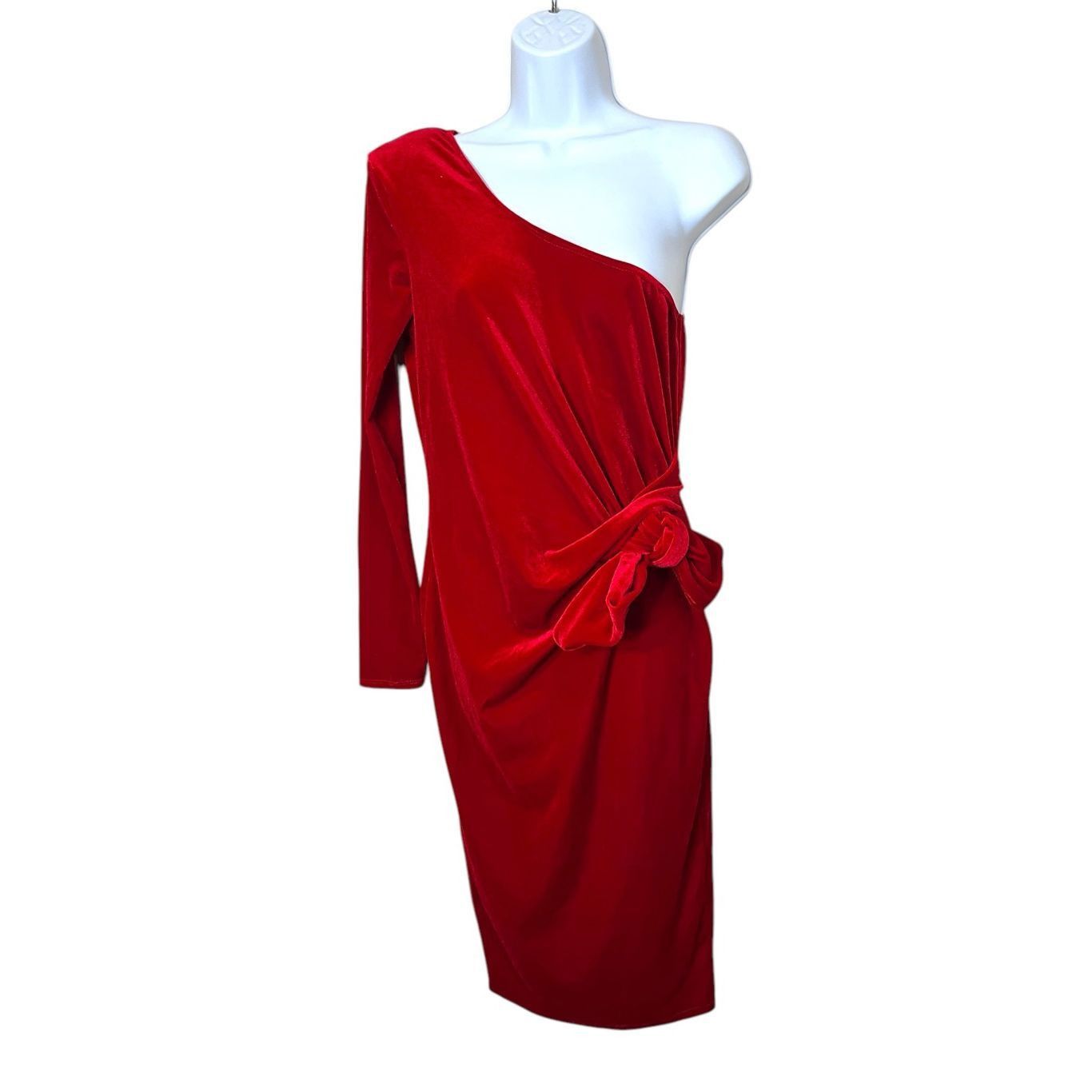 Other Vintage Day & Night 80s 90s Red Velvet One Shoulder Midi Dress Size M Size M / US 6-8 / IT 42-44 - 2 Thumbnail