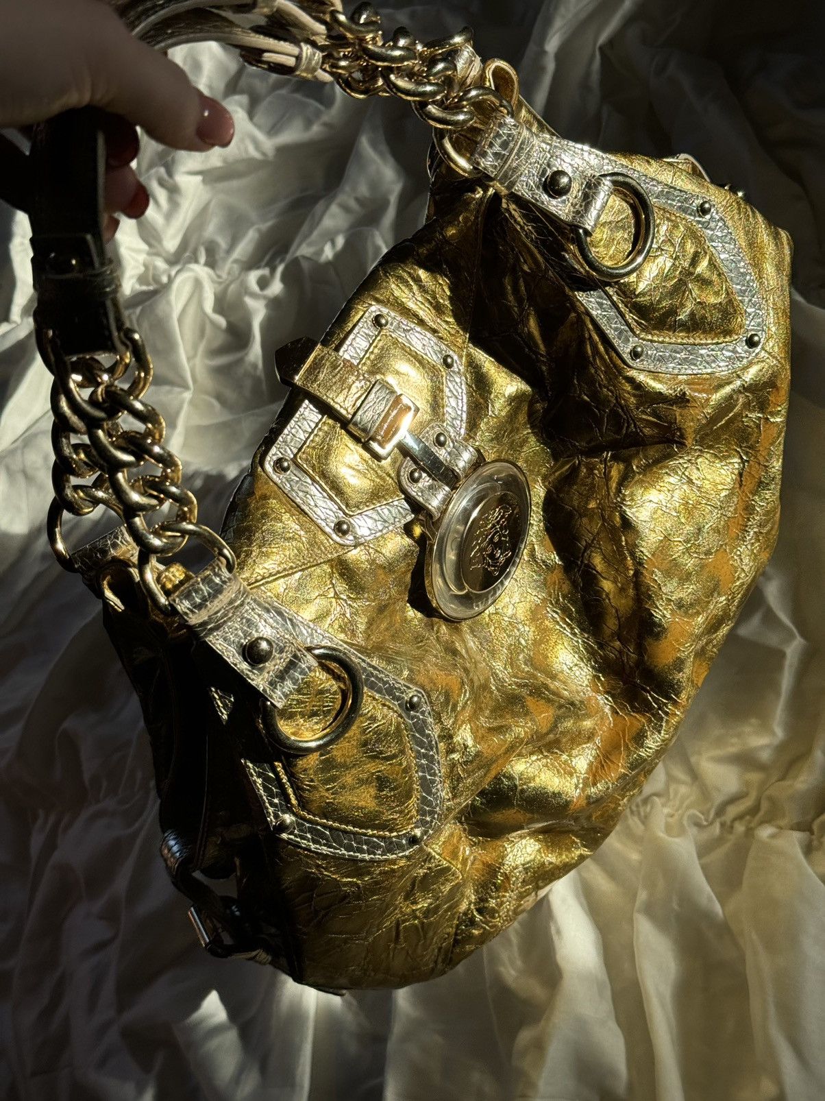 Grailed × Versace Versace Gold/Silver Leather Satchel Bag shoulder Y2K Rare Size ONE SIZE - 4 Thumbnail