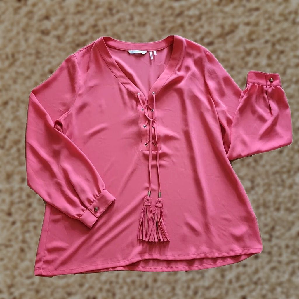 Soft Surroundings Soft Surroundings Shirt Womens L Orange Coral V-Neck Tie Tassels Long Sleeve Blouse Mens? Ladies? Size L / US 10 / IT 46 - 1 Thumbnail