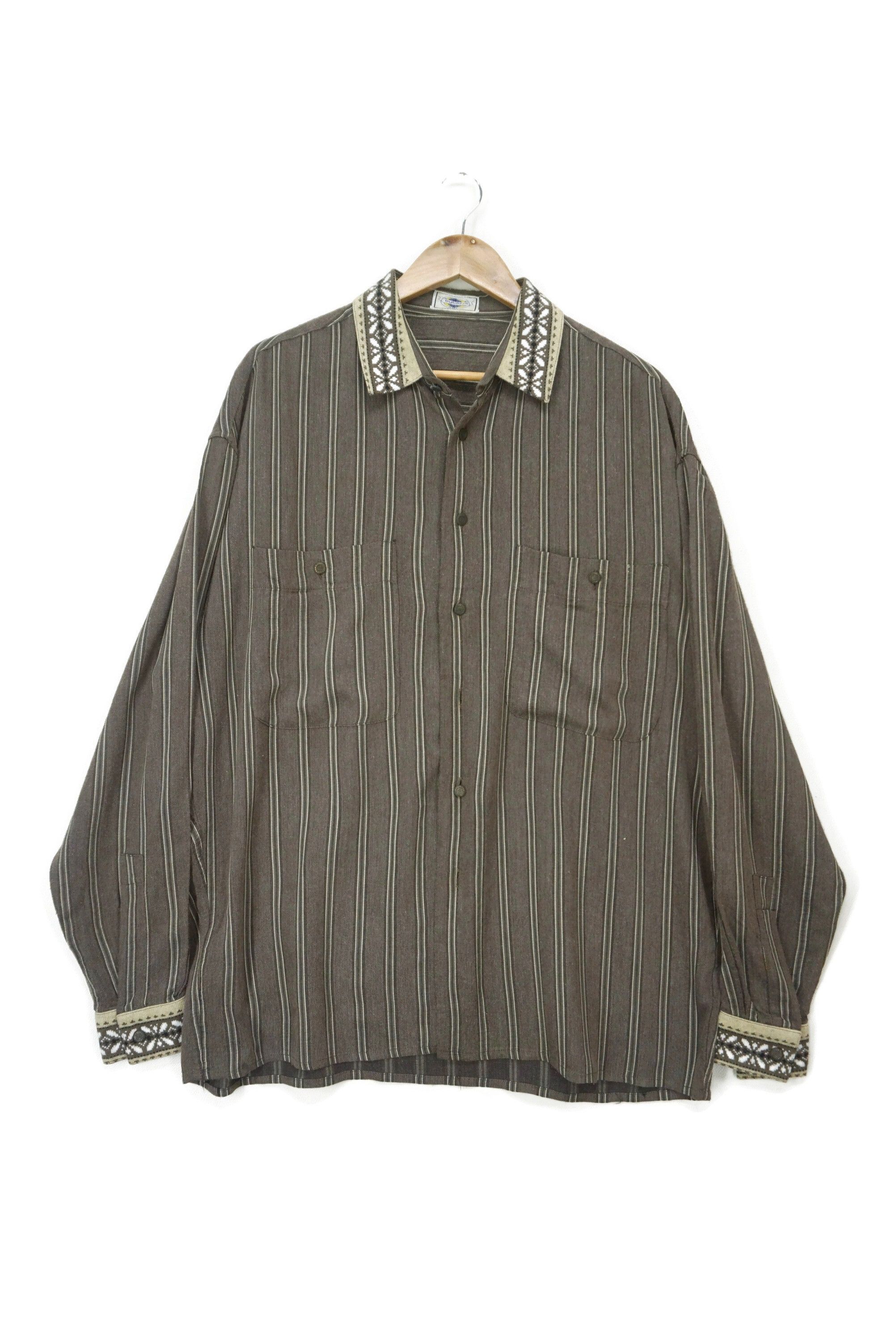 image of Byblos Stripe Button Down Aztec Trim Collar Shirt Size 48 in Brown, Men's