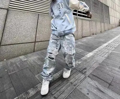 VIBE Distressed Baggy Denim Jeans Ripped Jeans
