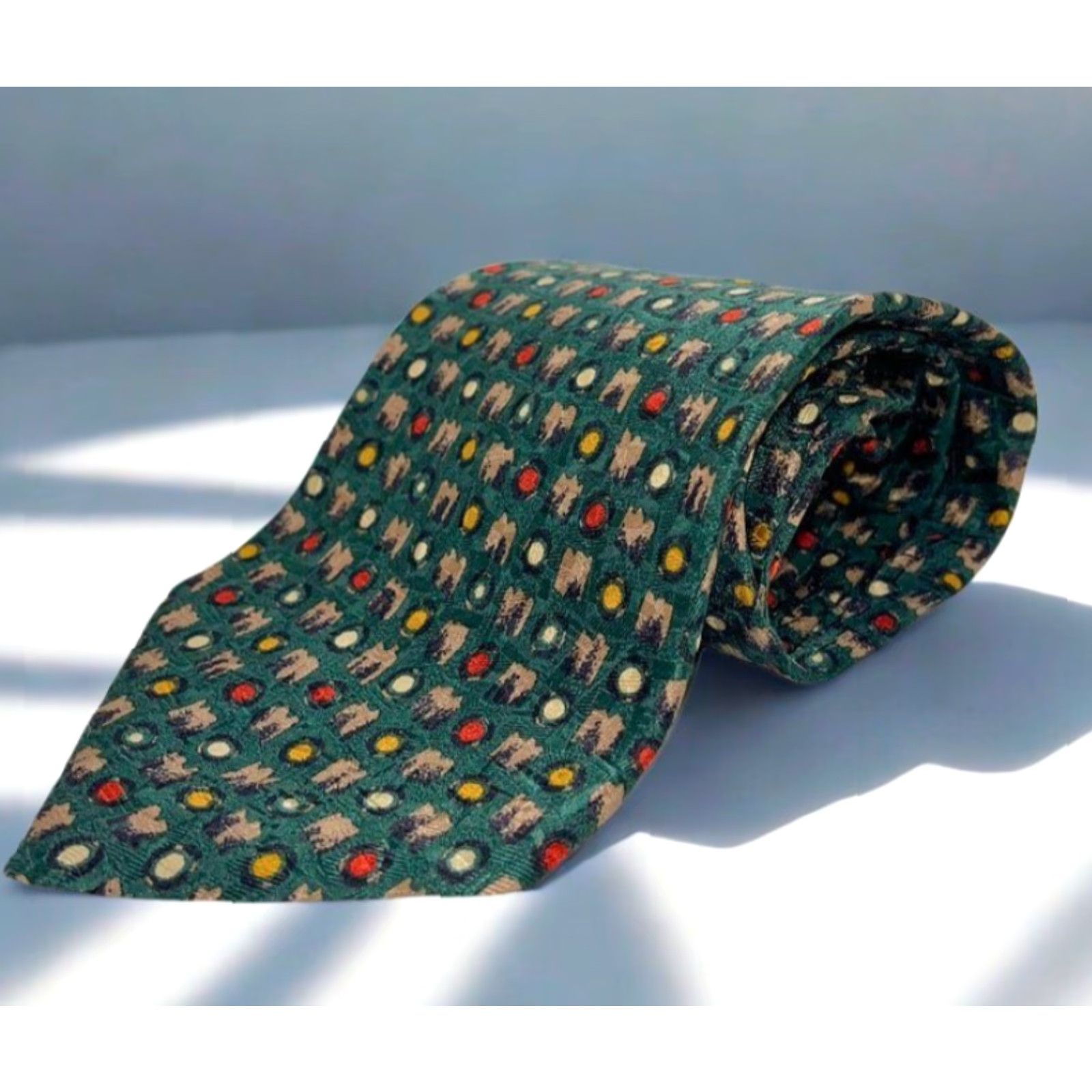 Ermenegildo Zegna VINTAGE Ermenegildo Zegna Soft 100% Silk Tie Abstract Geometric Pattern Italy Men One Size Green Tan Gold Red Ivory Classic Width 57"-60" Size ONE SIZE - 2 Thumbnail