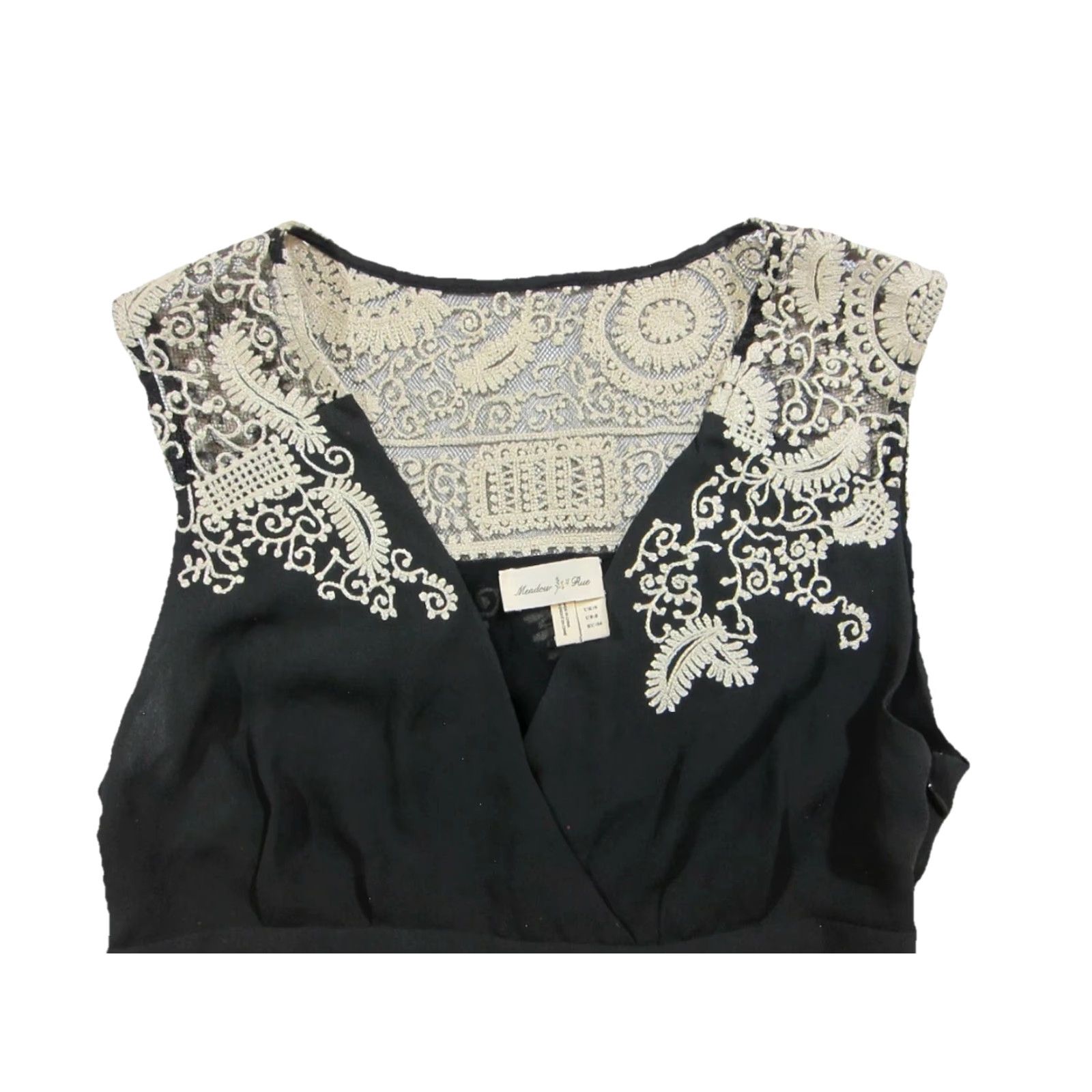 Vintage Meadow Rue Anthropologie Black Ivory Embroidered Silky V-Neck Dress Women 2/S Size XS / US 0-2 / IT 36-38 - 4 Thumbnail