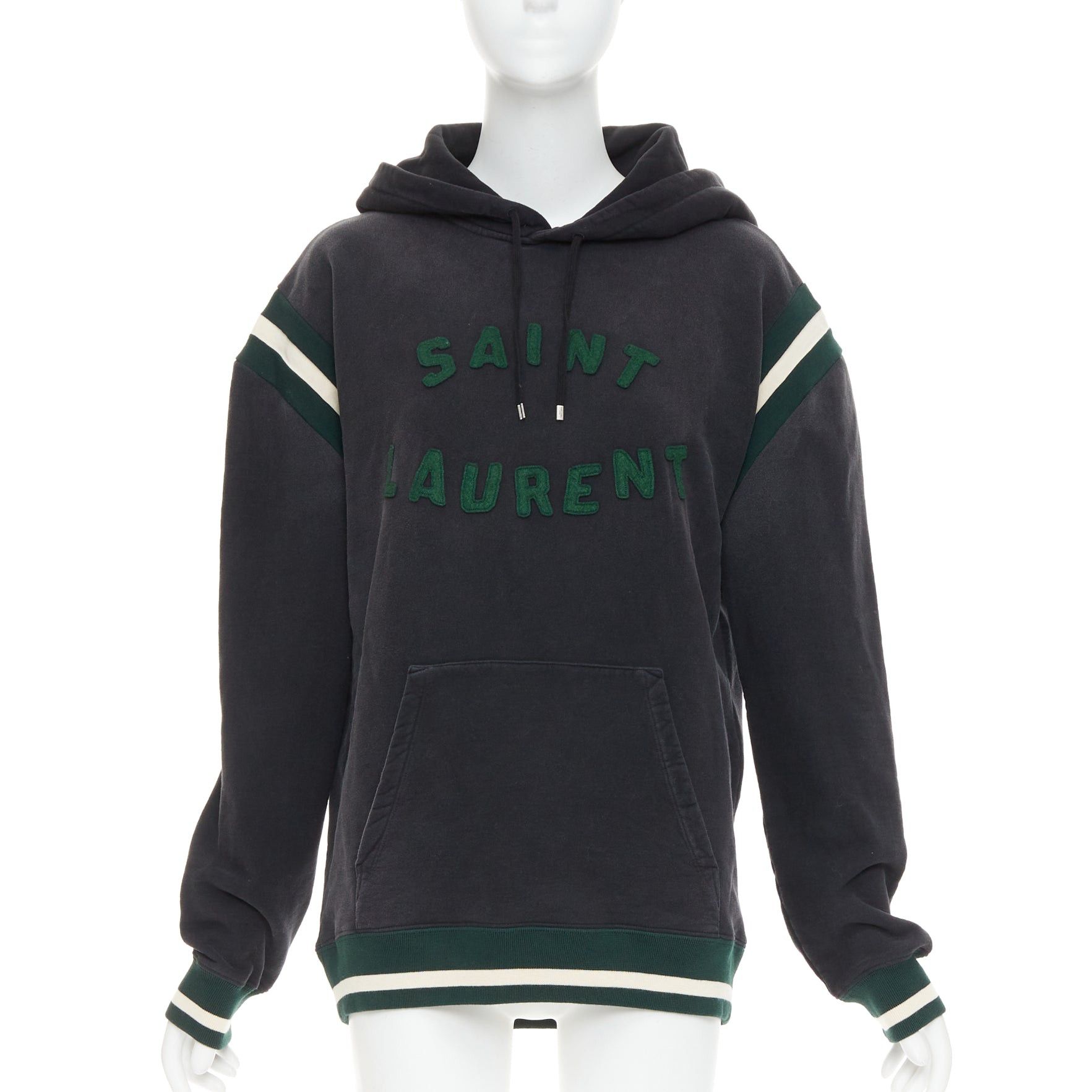 Saint Laurent Paris SAINT LAURENT 2022 grey washed cotton green alpaca logo patch varsity hoodie XS Size S / US 4 / IT 40 - 1 Thumbnail