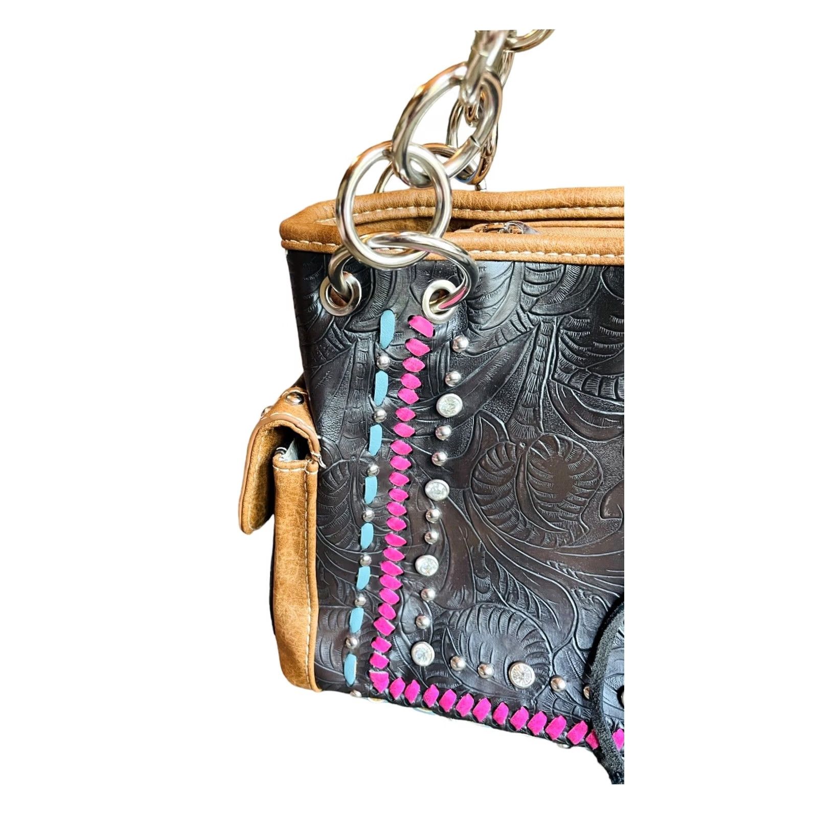 Vintage VINTAGE? No — Montana West Shoulder Bag Women's Purse Black Faux Leather Concho Collection Modern 13in 8in 5in Zip Inner Pockets Fringe Leather Strap Size ONE SIZE - 4 Thumbnail
