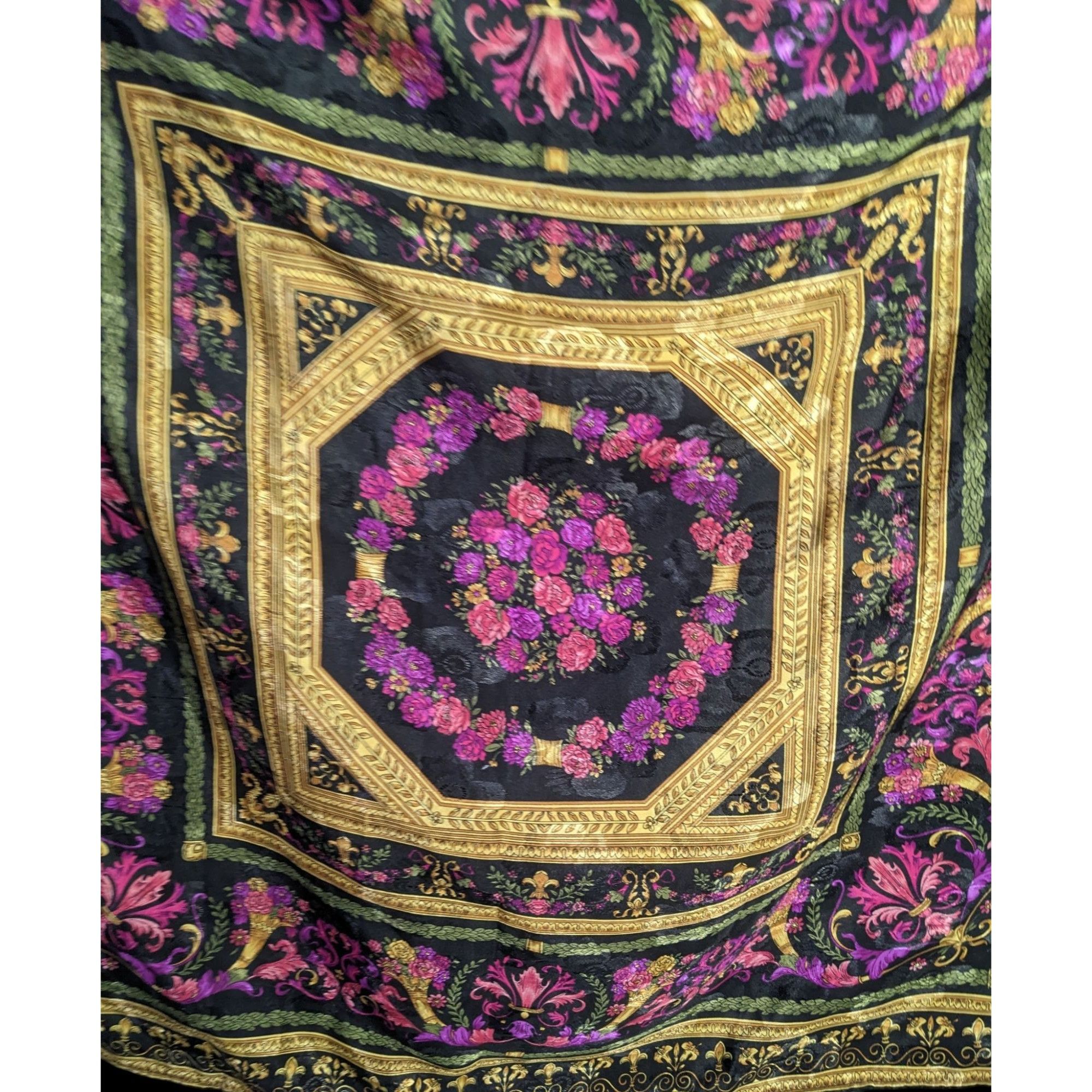 Other Vintage Floral Embossed Scarf 34"x34" Ornate Black Gold Pink Size ONE SIZE - 4 Thumbnail