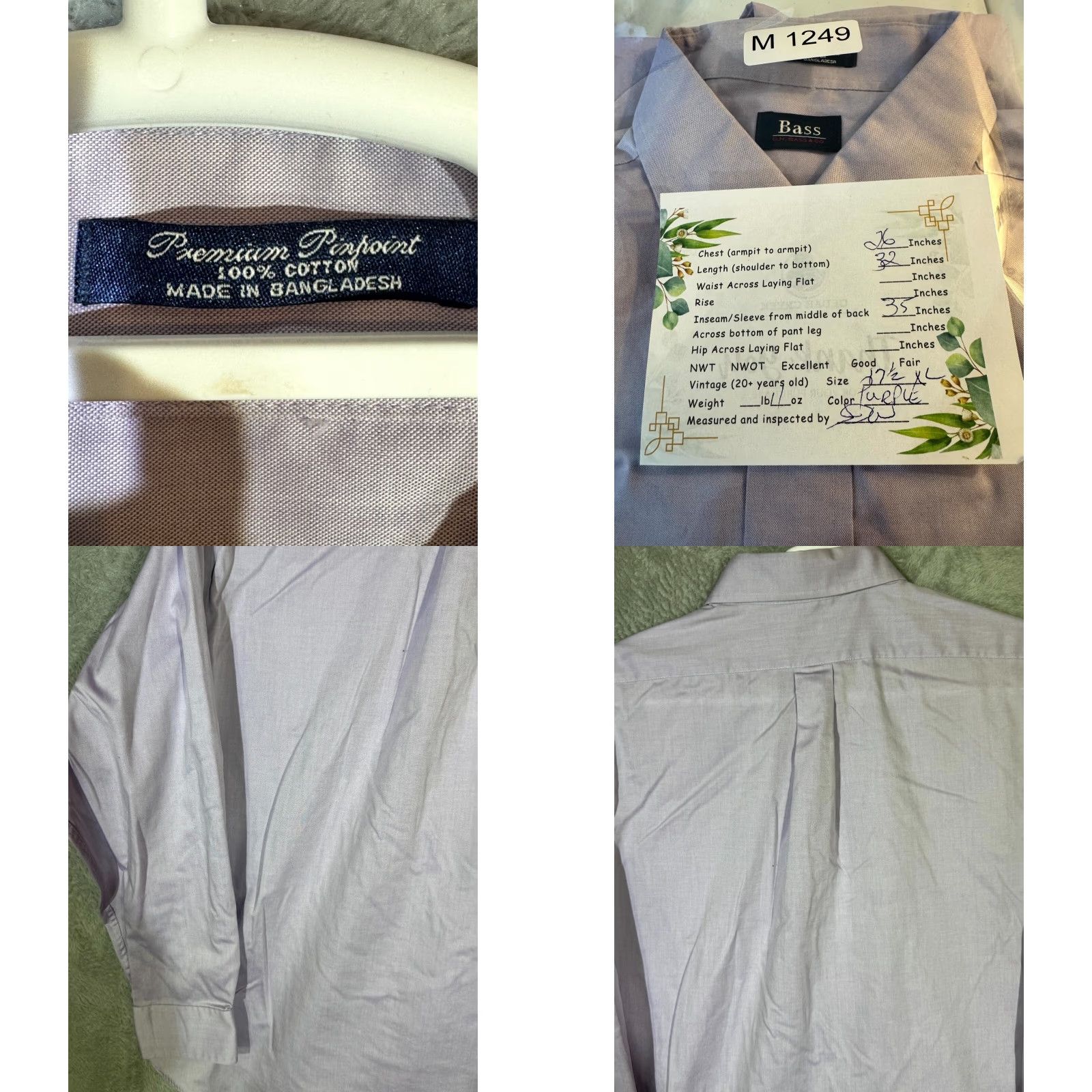 Vintage G.H. Bass & Co. Dress Shirt XL 17–17.5 Purple Wrinkle-Free Cotton Long Sleeve Men Size 46R - 8 Thumbnail