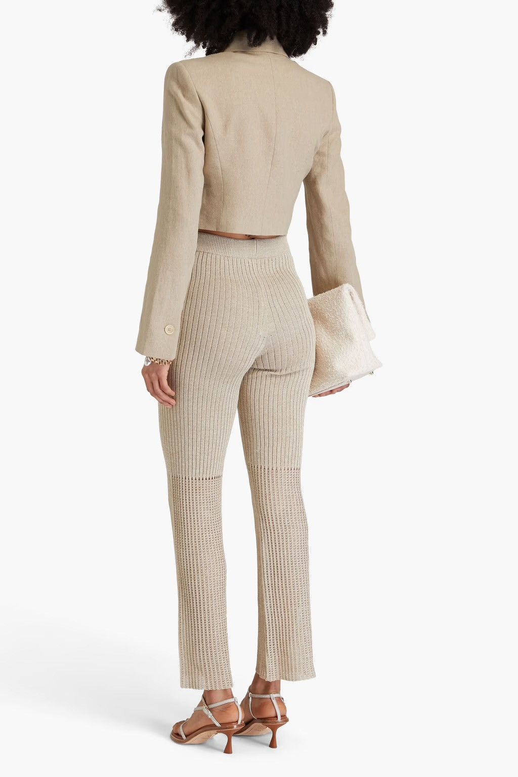 Nanushka NANUSHKA Karine Ribbed & Pointelle-knit slim-leg Pants Beige Size 30" / US 8 / IT 44 - 3 Thumbnail