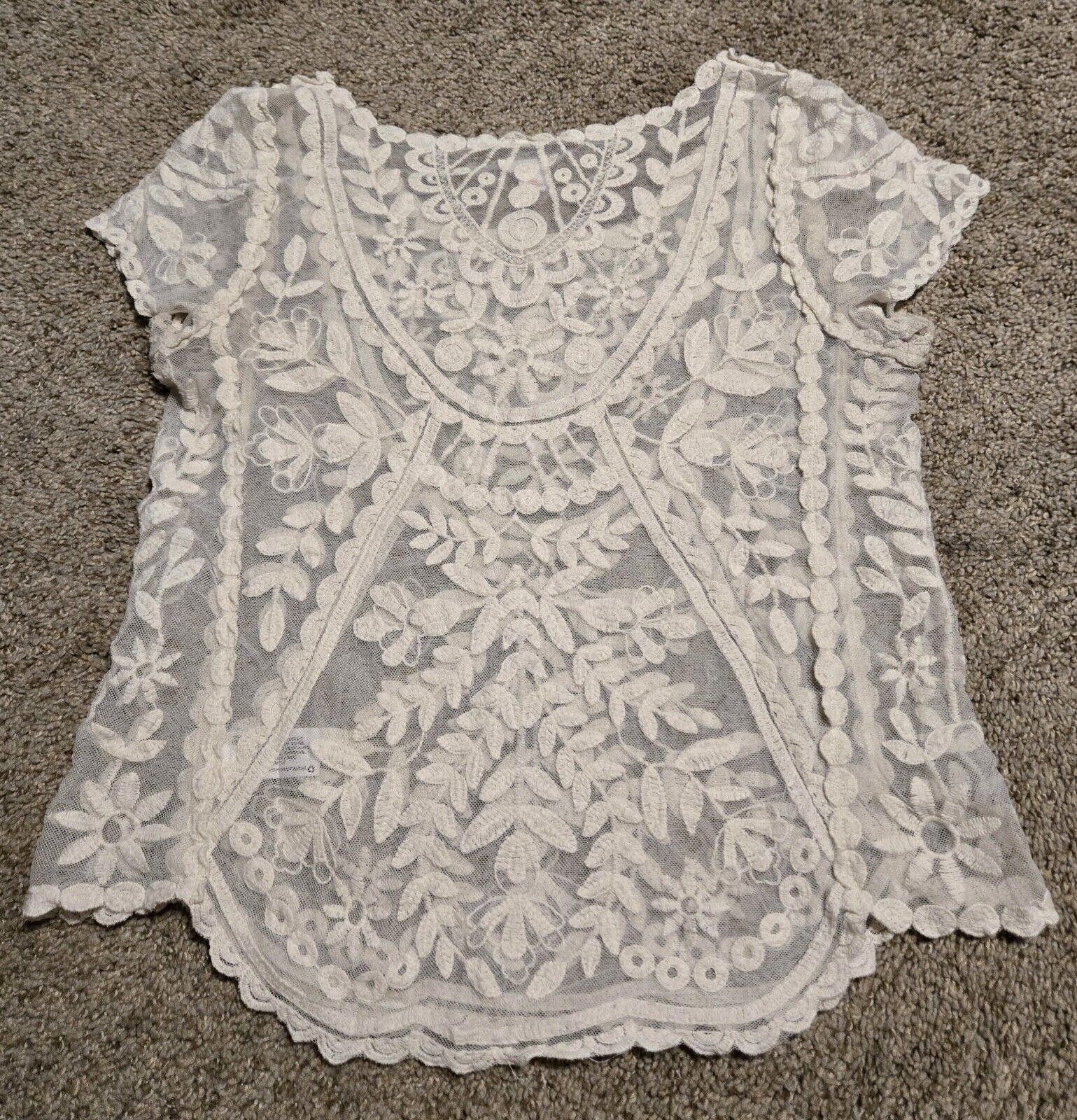 Designer Cream Exhilaration Lace Floral T Shirt Sz S - Stains See Pic Size S / US 4 / IT 40 - 8 Thumbnail
