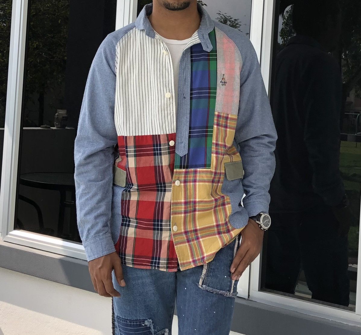 go slow caravan Go Slow Caravan PatchWork Flannel x chambray Shawl Shirt Size US L / EU 52-54 / 3 - 2 Thumbnail