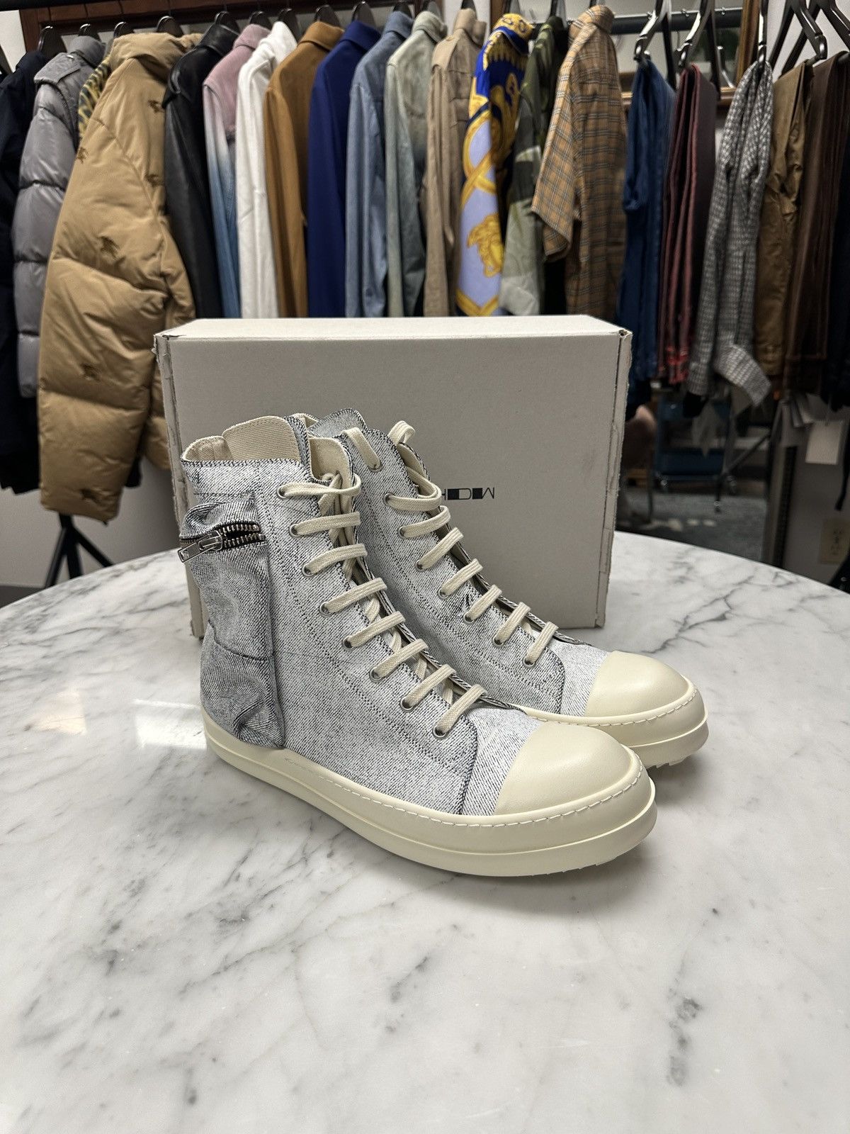 Rick Owens Painted Denim Cargo Basket Sneakers Ramones
