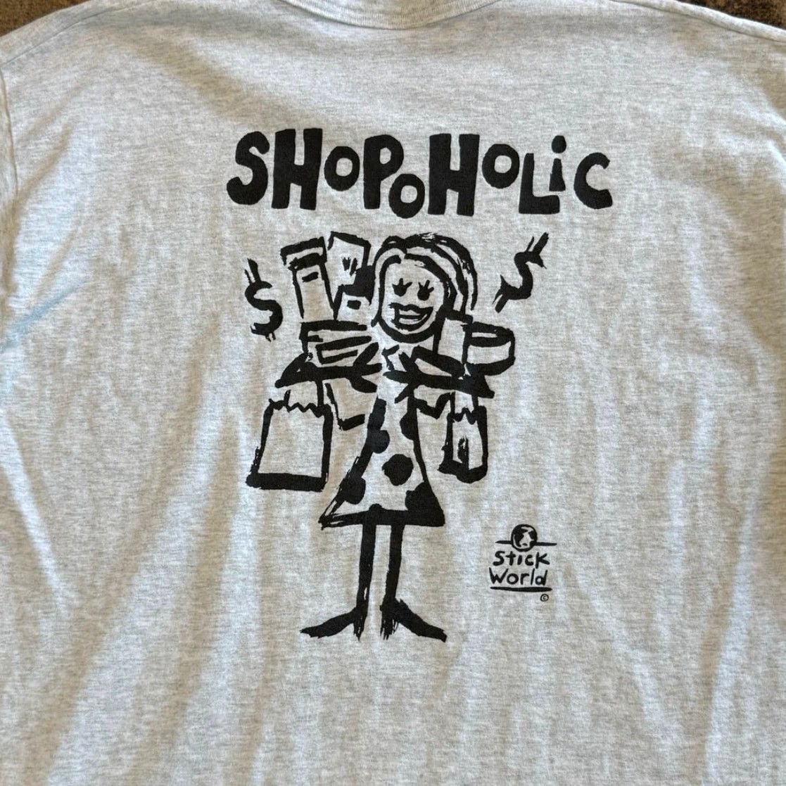 Fruit Of The Loom VINTAGE 90s Fruit of the Loom T-Shirt Shopaholic Shopping Humor Funny Gray XL Men M Shirts Size US XL / EU 56 / 4 - 5 Thumbnail