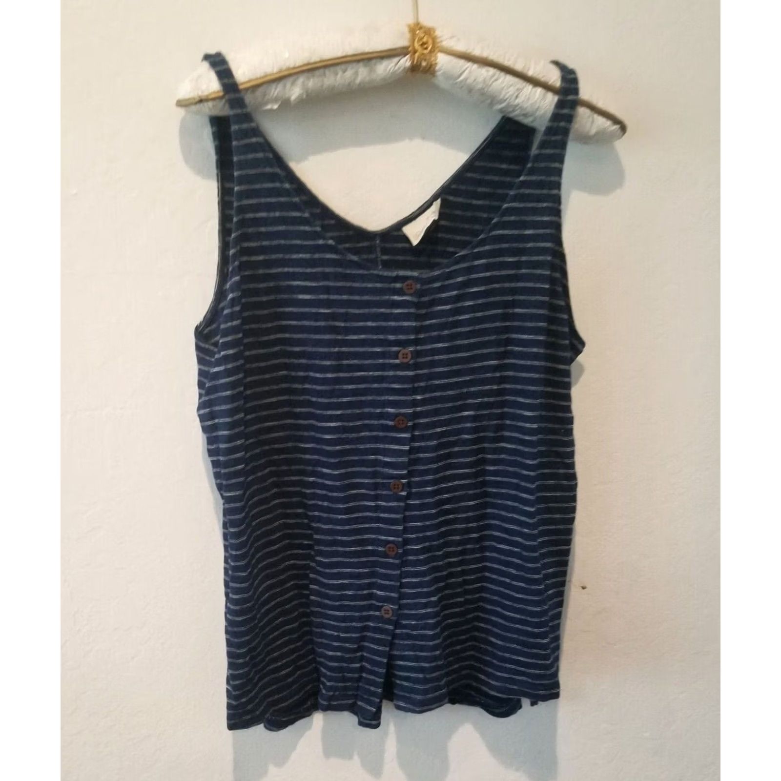 Vintage Universal Thread Womens Spaghetti Strap Tank Blue Striped Cotton Button Down Sleeve­less Top XL - Casual Shirt Camisole Size XL / US 12-14 / IT 48-50 - 2 Thumbnail
