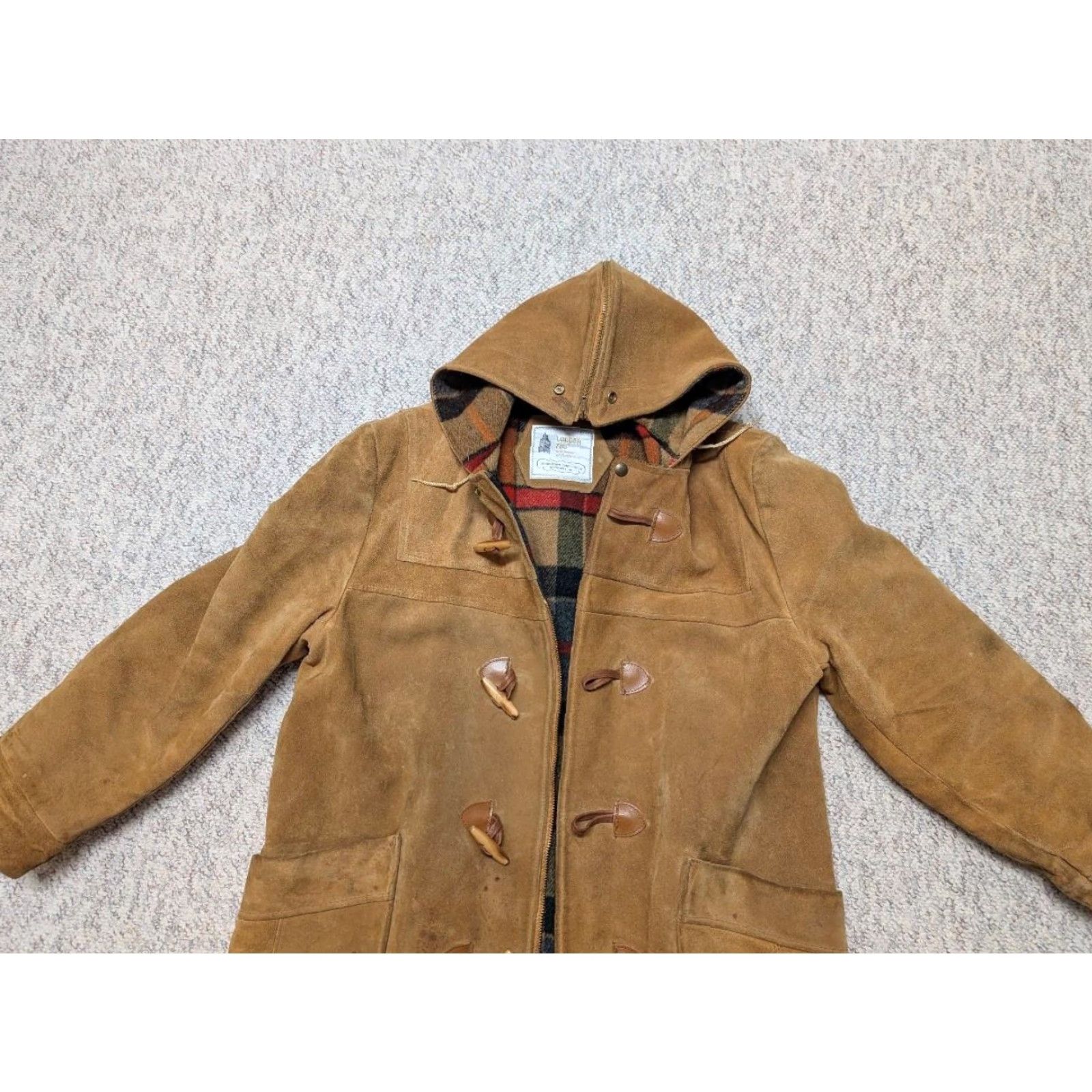 London Fog VINTAGE London Fog Duffle Coat Leather Cowhide Split-Suede 42 Brown Hooded Wool Lined M Mens Coat Jacket Size US M / EU 48-50 / 2 - 5 Thumbnail
