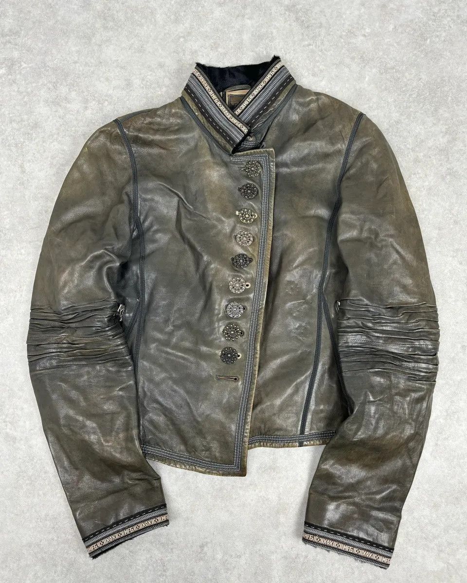 Marithe + Francois Girbaud AW2003 Marithé + François Girbaud Grey Eroded Buttoned Asymmetrical Leather Jacket Size S / US 4 / IT 40 - 1 Thumbnail
