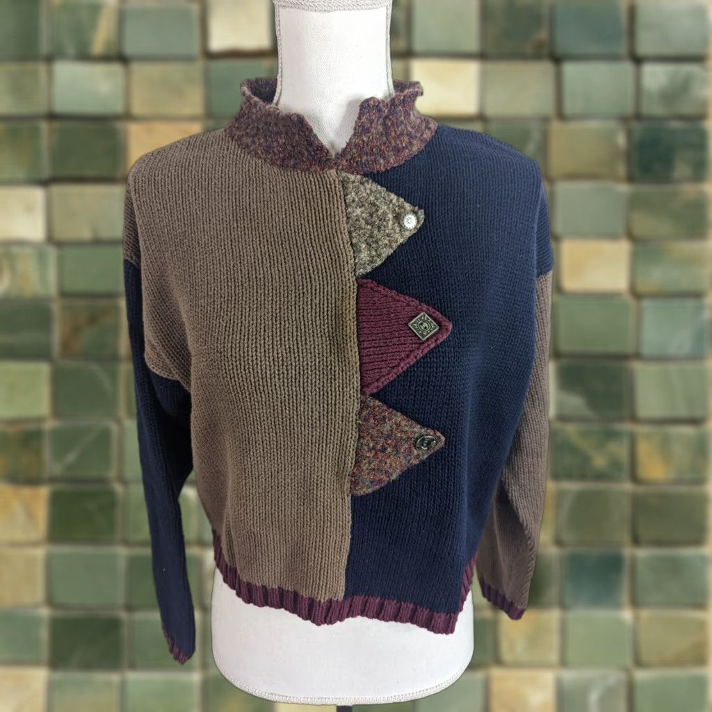 Vintage VINTAGE 90s Lagenlook Grunge Crop Patchwork Sweater Women's Small S3C Blue Beige Shirt Pullover Womens 90s Size S / US 4 / IT 40 - 1 Thumbnail