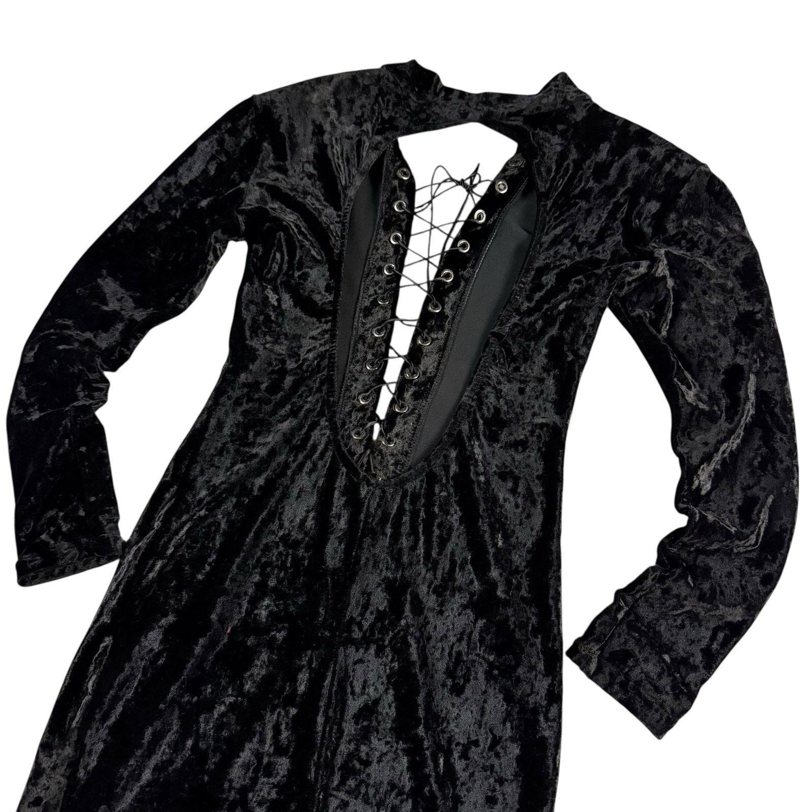 Vintage Vintage 90s Black Goth Velvet Open Back Lace-Up Midi Dress Size S / US 4 / IT 40 - 4 Thumbnail