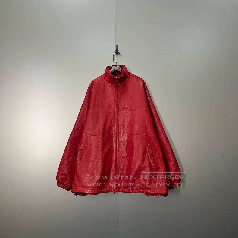 Balenciaga Red Embroidered Logo Leather Jacket.