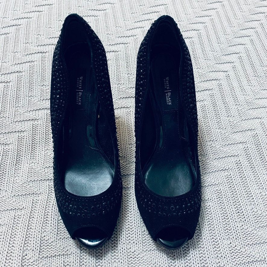 White House Black Market WHBM black suede rhinestone peep toe heels Size US 6.5 / IT 36.5 - 8 Thumbnail