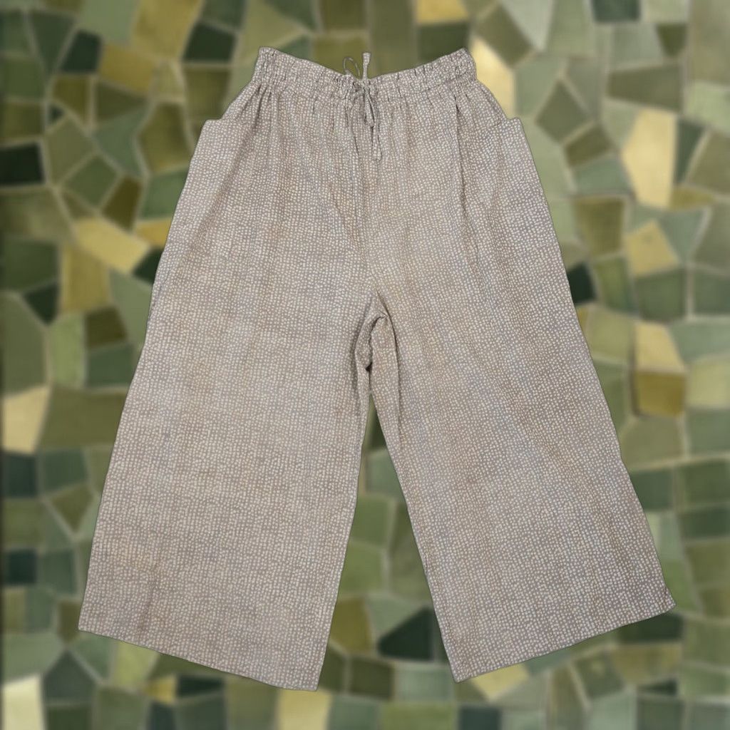 Maiwa Tan Taupe Cream Dot Print Cotton Wide Leg Crop Culotte Pants M Womens