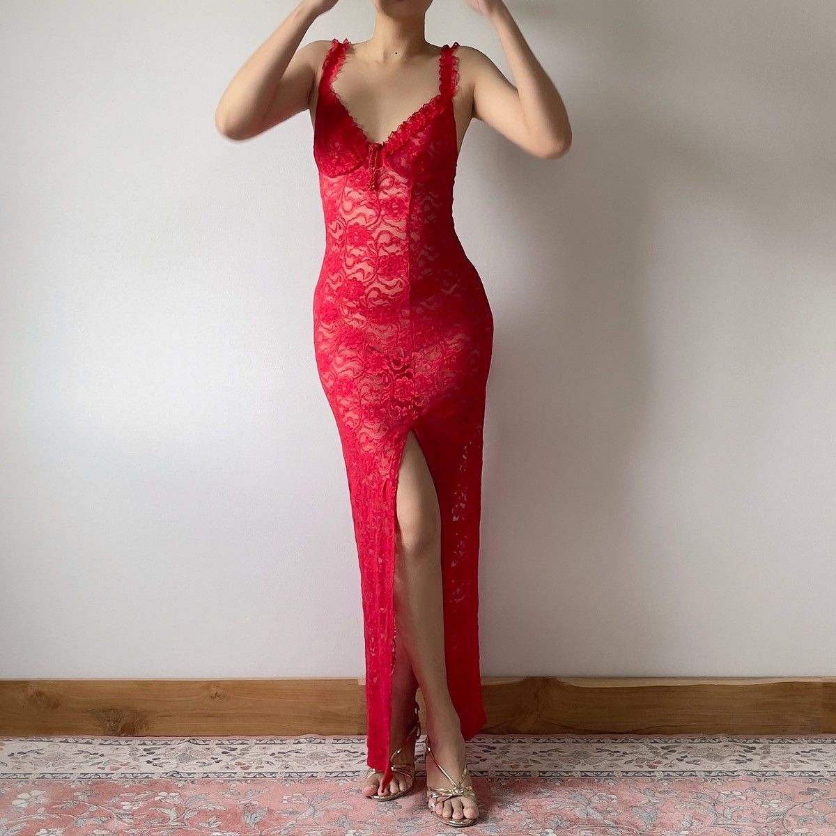 Vintage Vintage Red Lace Sheer Slip Dress (XS-S) Size S / US 4 / IT 40 - 7 Thumbnail