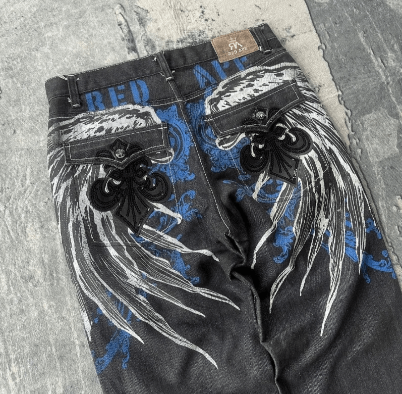 Japanese Brand Hip Hop Punk Style Pattern Embroidery Old Jeans Size US 34 / EU 50 - 1 Thumbnail