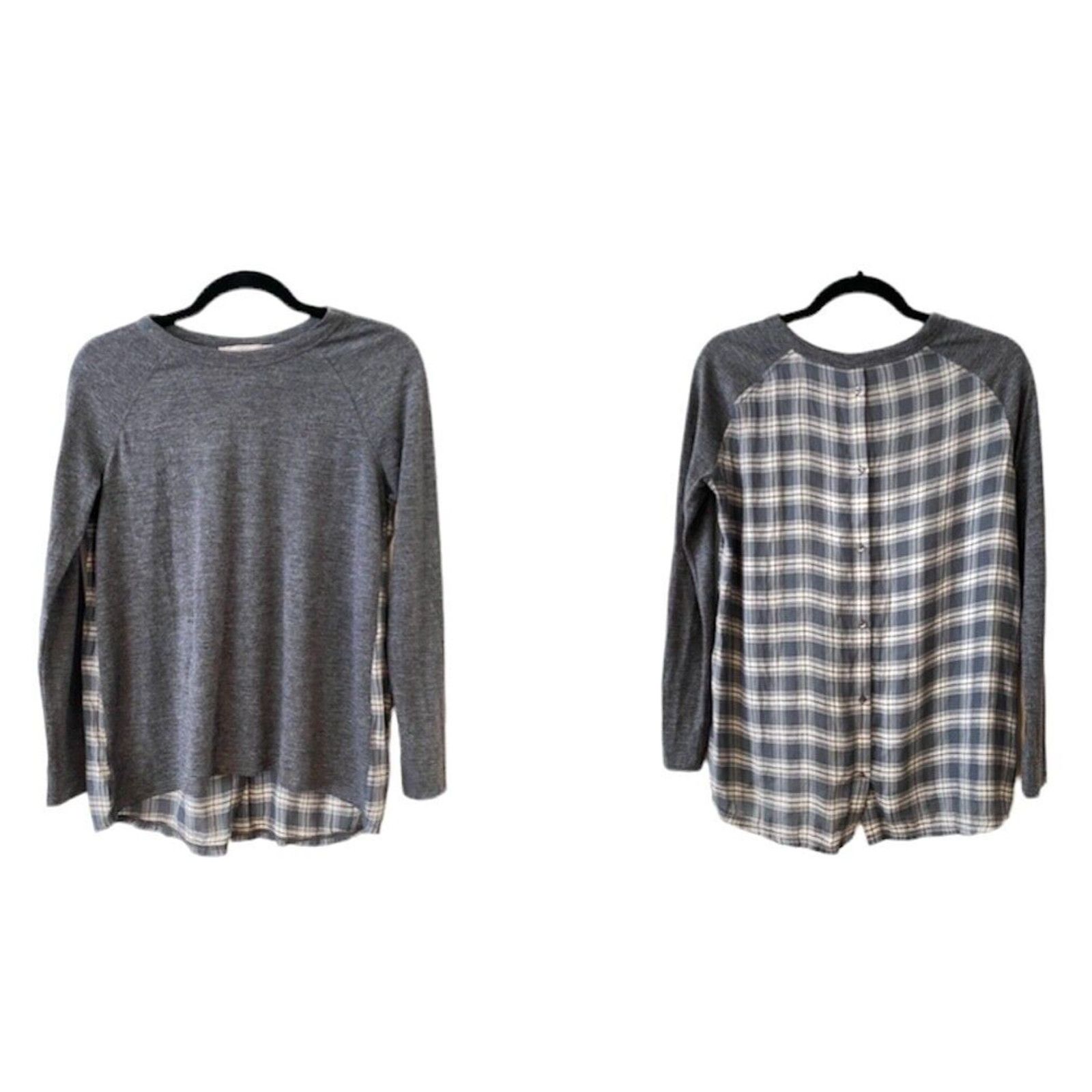 Other Ann Taylor Loft High Low Top Gray Blue Cream Plaid Button Size XS / US 0-2 / IT 36-38 - 2 Thumbnail