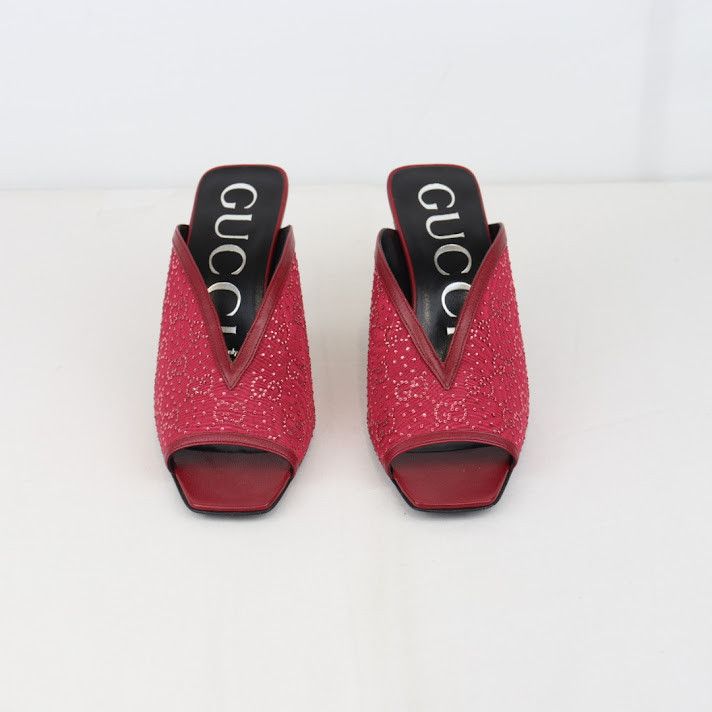 Gucci o1rshd1 Leather and Canvas Mules in Burgundy Size US 8 / IT 38 - 9 Thumbnail