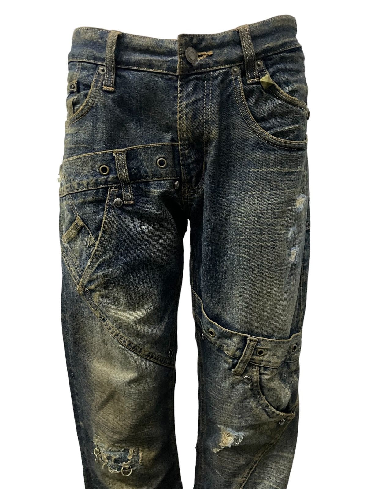 Hysteric Glamour × Levi's × Obelisk Levis 501 Asymmetrical Distressed Piercing Studded Mud Jeans Size US 32 / EU 48 - 5 Thumbnail
