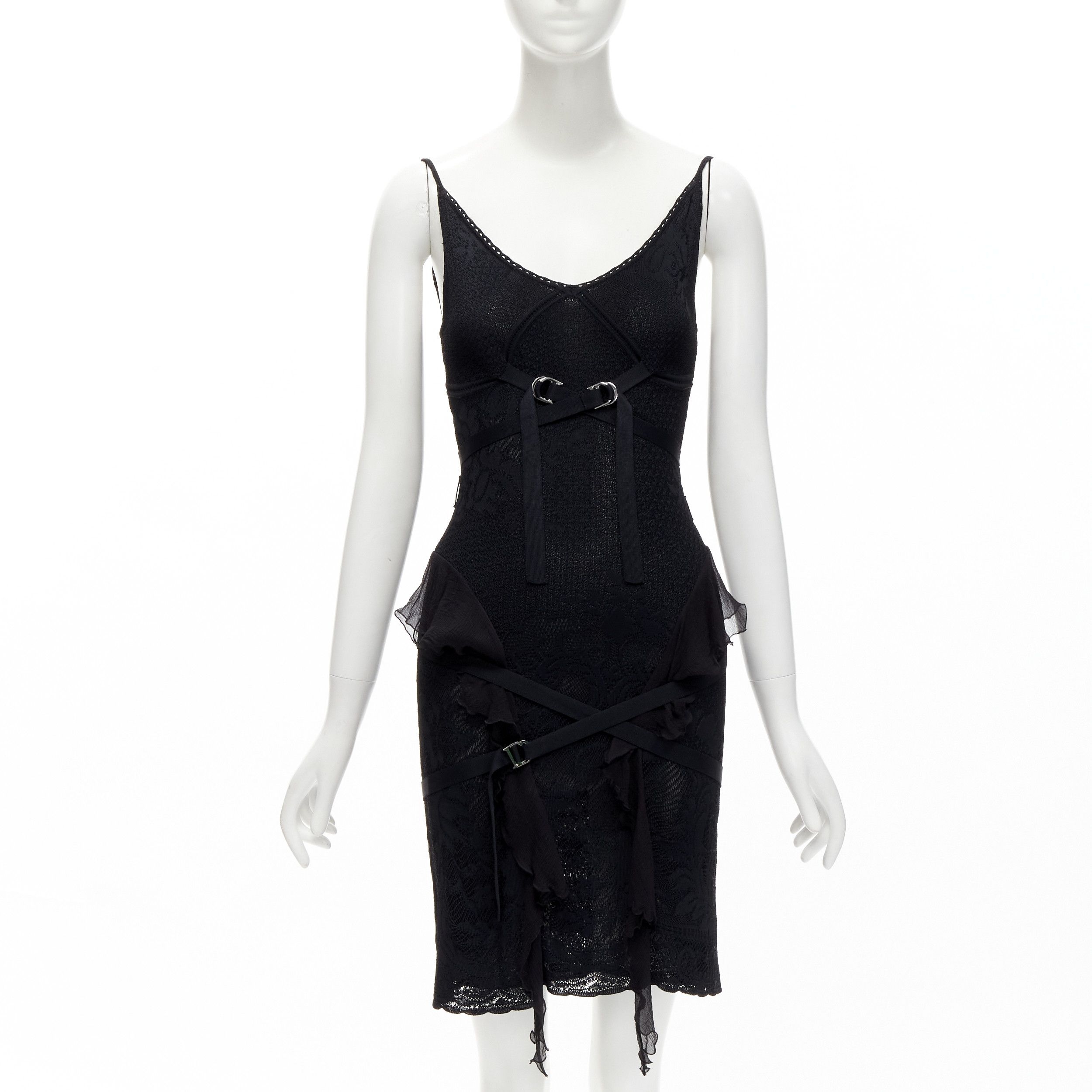 Image of Christian Dior John Galliano Black Cd Logo Bondage Floral Knit Dress Fr36 S, Women's (Size Small)