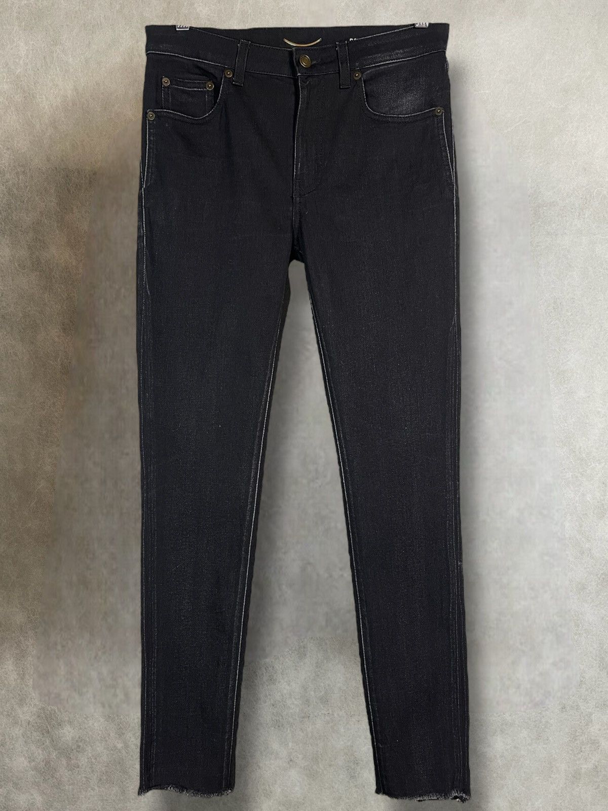 2020 Saint Laurent vaccarello D05 frayed black denim pants