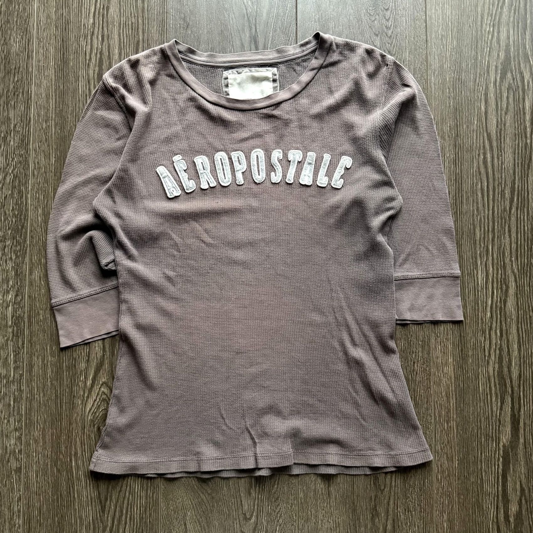 Vintage Y2K Aeropostale Thermal Shirt Womens XL Brown Waffle Knit 3/4 Sleeve Logo Top Size XL / US 12-14 / IT 48-50 - 3 Thumbnail