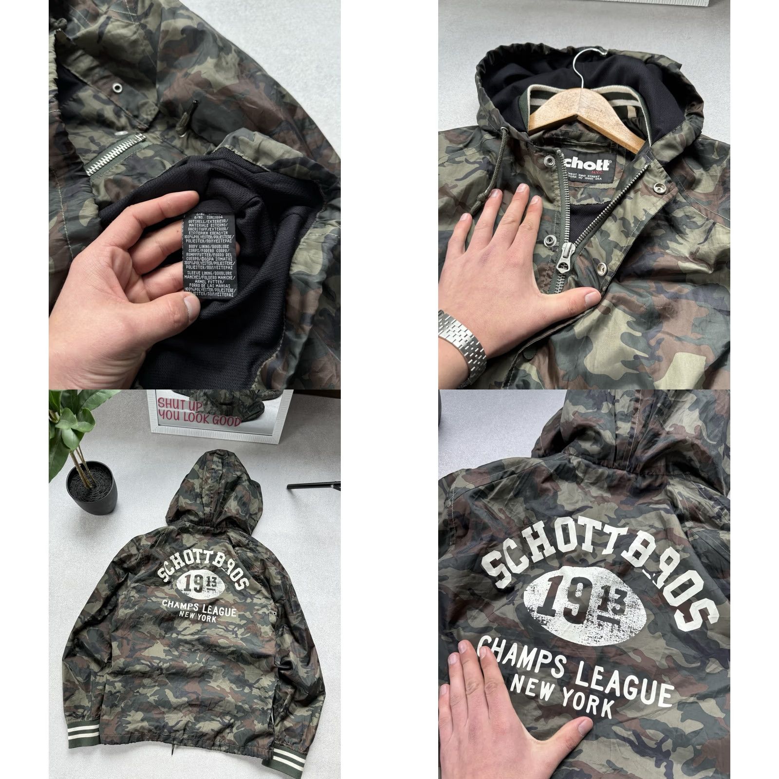 Schott VINTAGE Schott NYC Camouflage Hooded Jacket Men’s S Lightweight Camo Zip Up Coat Size US S / EU 44-46 / 1 - 8 Thumbnail
