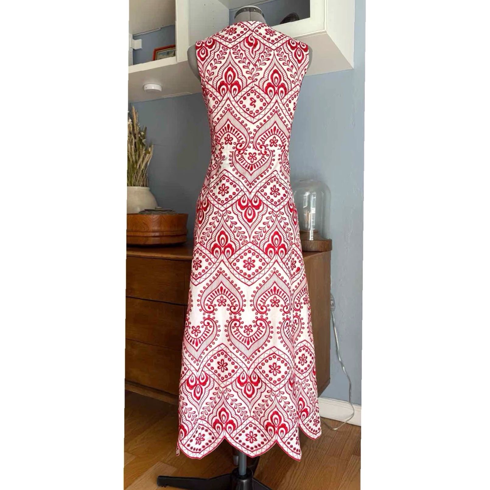 Vintage VINTAGE Evi Grintela Carine Sleeveless Embroidered Midi Dress Red White XS Size XS / US 0-2 / IT 36-38 - 4 Thumbnail
