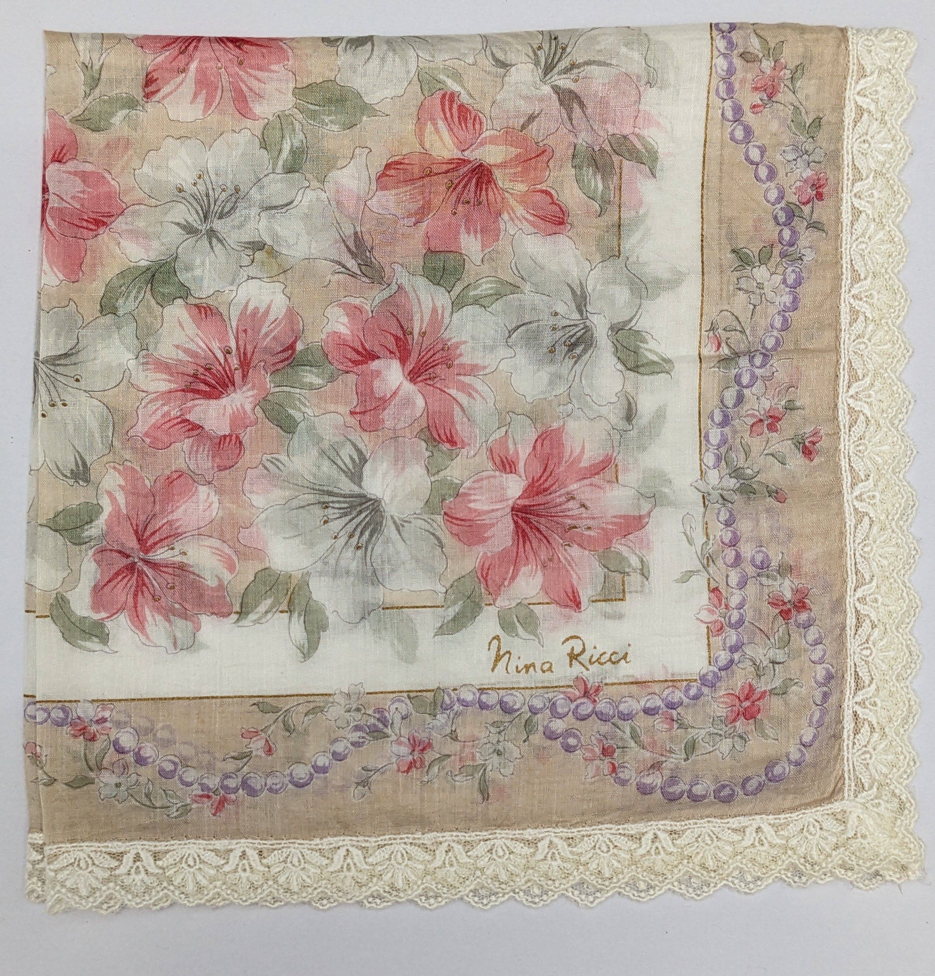 Nina Ricci Nina Ricci Paris Designer Handkerchief Pearl Motif & Floral Size ONE SIZE - 1 Thumbnail