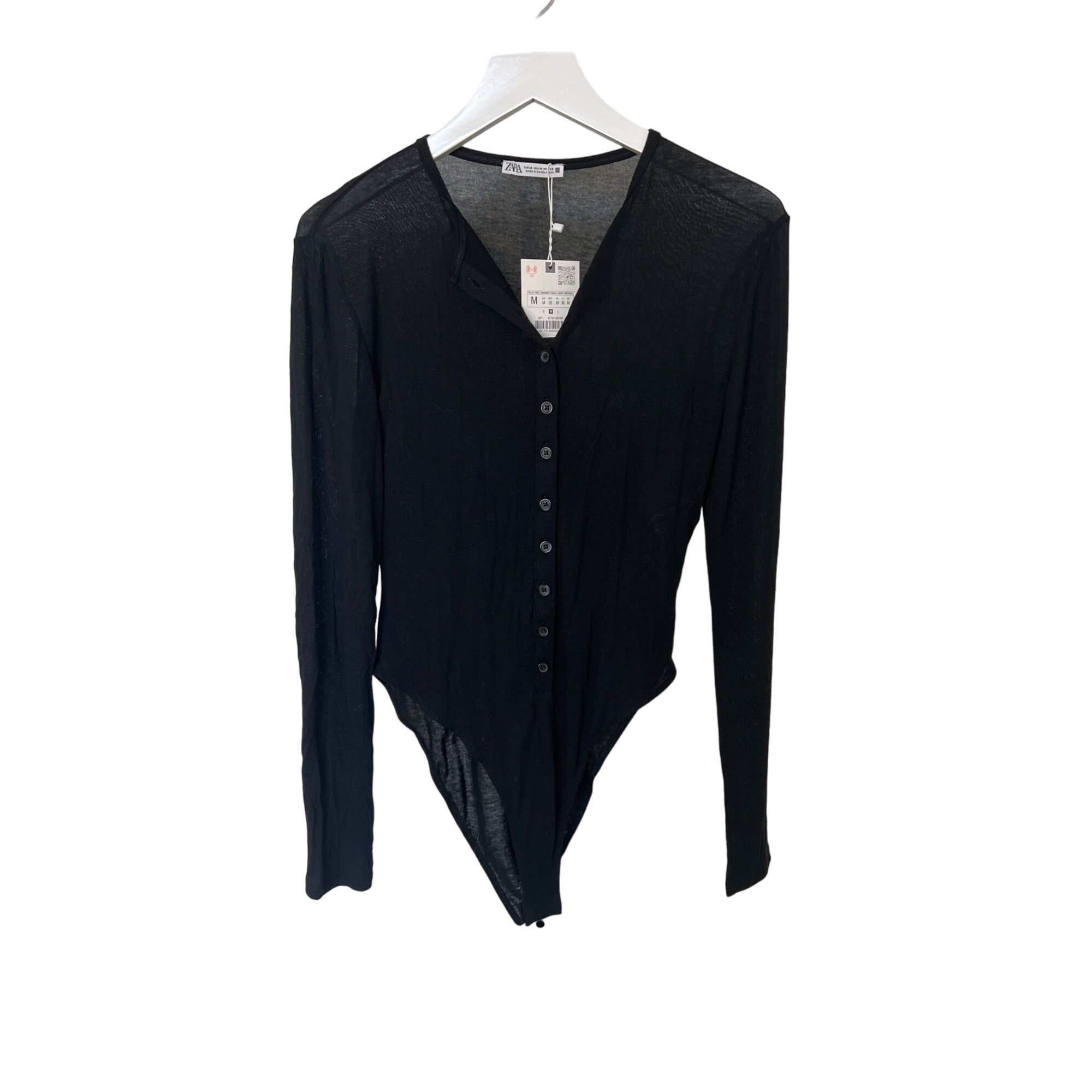 Zara Zara Black Semi Sheer Long Sleeve Bodysuit With Button Front Size M / US 6-8 / IT 42-44 - 2 Thumbnail