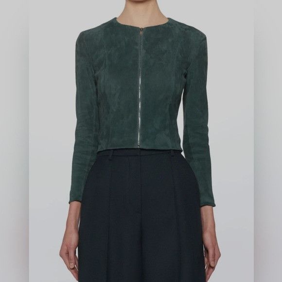 image of The Row Stanta Green Suede Leather Cropped Zip Moto Jacket, Women's (Size Medium)