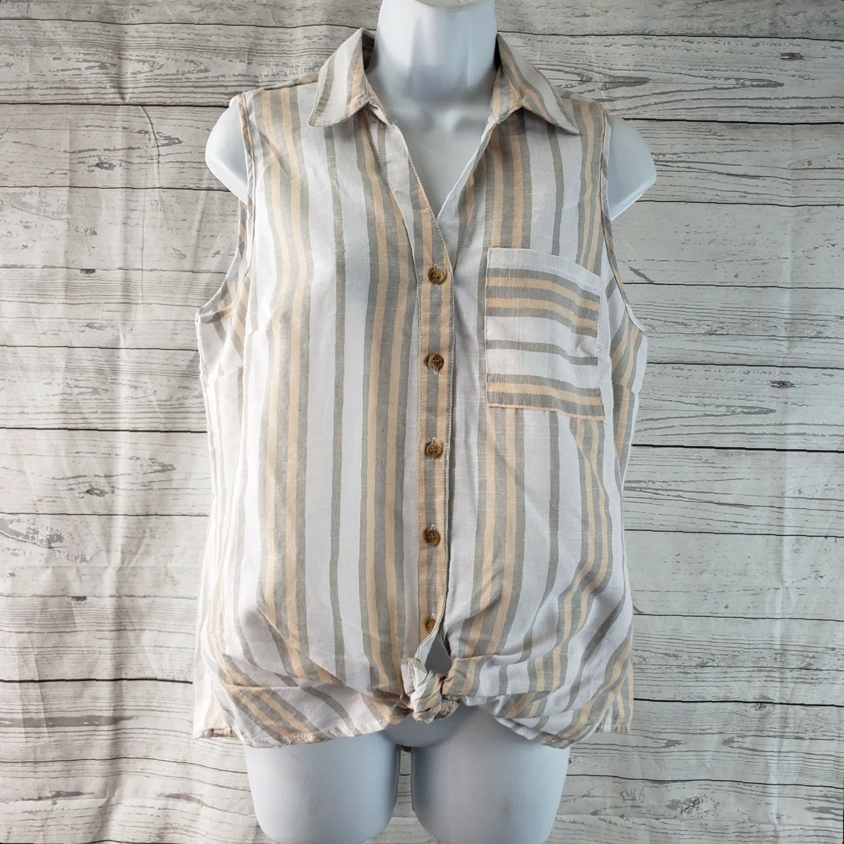 Nique Unique Spectrum Womens Button Front Top Sz Medium Beige White Stripes Front Tie Shirt Womens M White 90s? Size M / US 6-8 / IT 42-44 - 2 Thumbnail