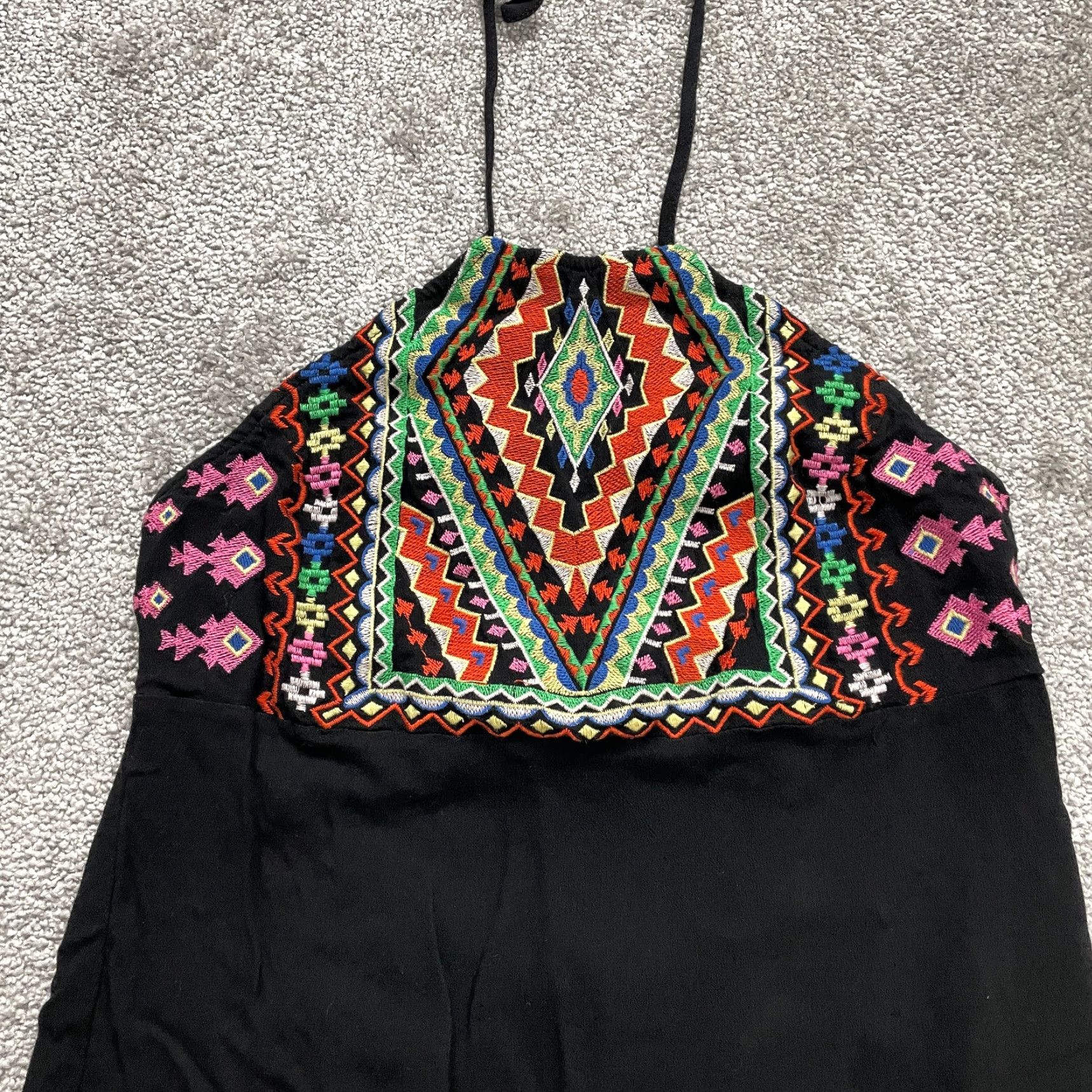 Vintage GIANNI BINI Dress Women's A-Line Sleeveless Halter Embroidered Geometric Tribal Black L Dress Size L / US 10 / IT 46 - 2 Thumbnail