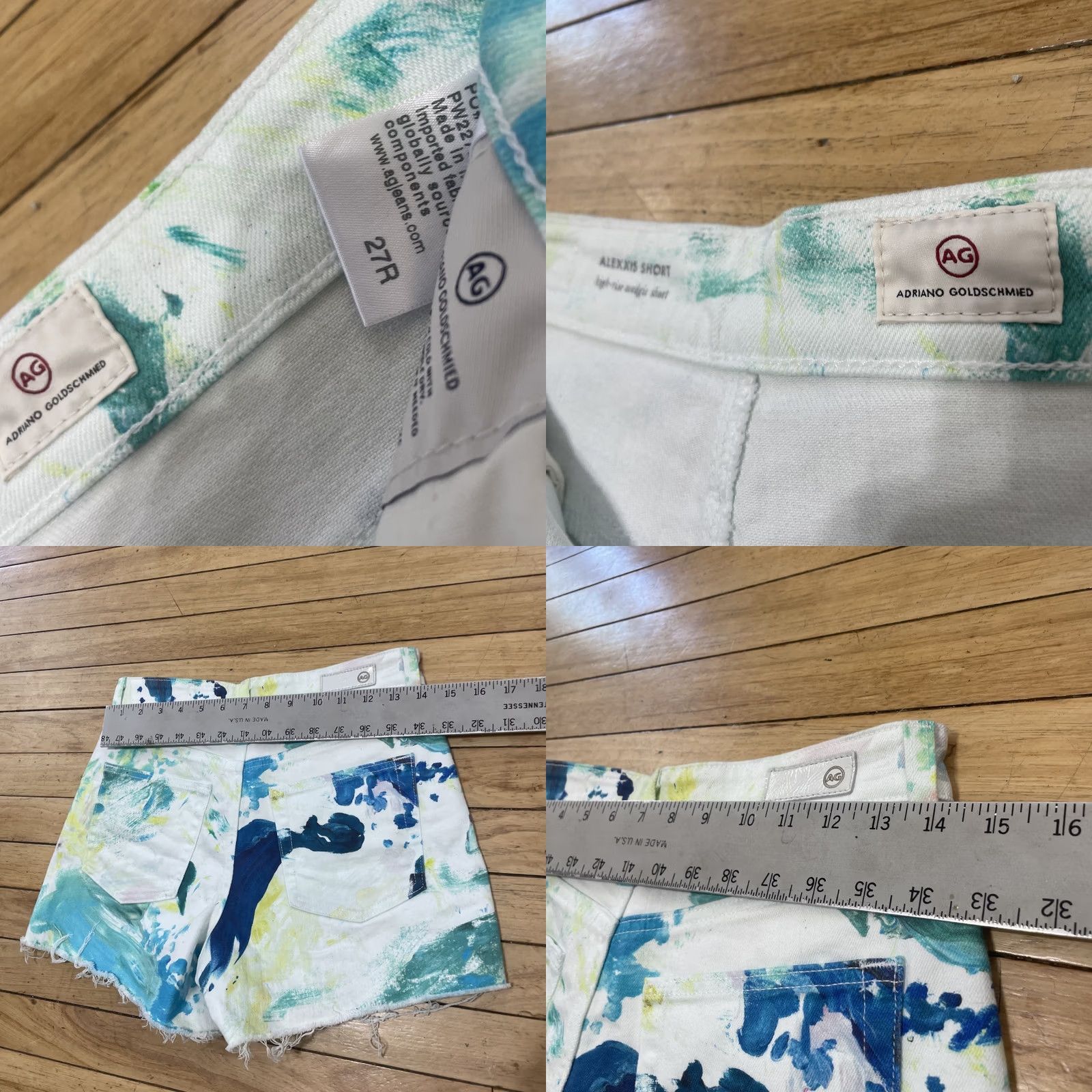 Vintage AG Adriano Goldschmied Alexxis Shorts Women 27R High Rise Wedgie White Green Art Casual Denim 5-Pocket Boho Festival 90s Mens Womens Girls Boys Size 27" / US 4 / IT 40 - 8 Thumbnail