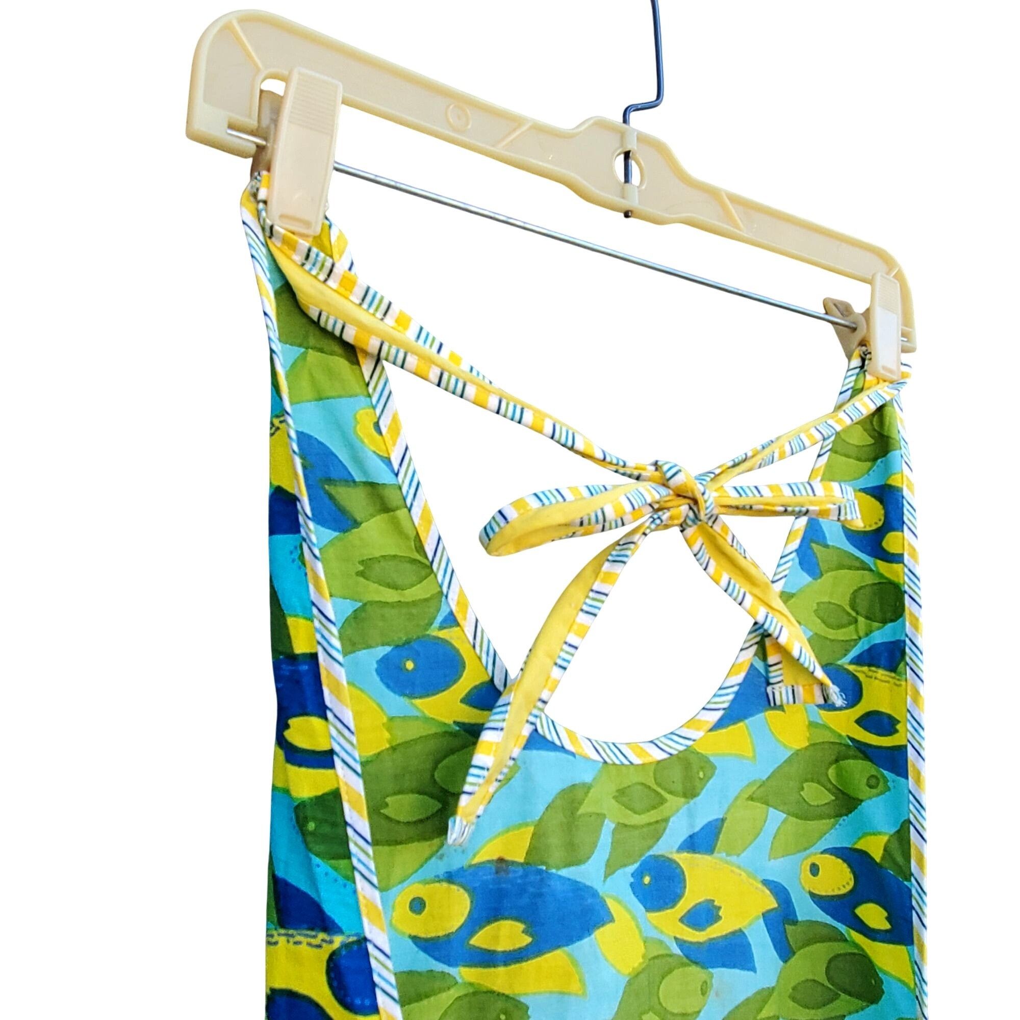 Other Retro Ruffled Bib Apron Colorful Blue Green Fish Pattern wit Size ONE SIZE - 10 Thumbnail