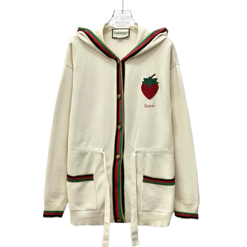 Gucci Gucci Beige striped strawberry embroidered cotton hooded lo Size M / US 6-8 / IT 42-44 - 1 Thumbnail