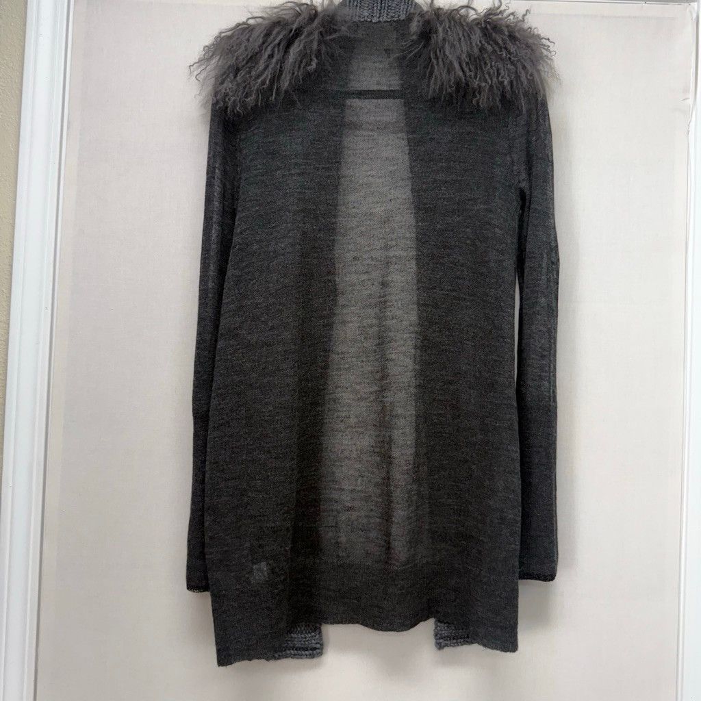 Vera Wang Women's Vera Wang Gray Fur Trim Cardigan Sweater Size L Size L / US 10 / IT 46 - 2 Thumbnail