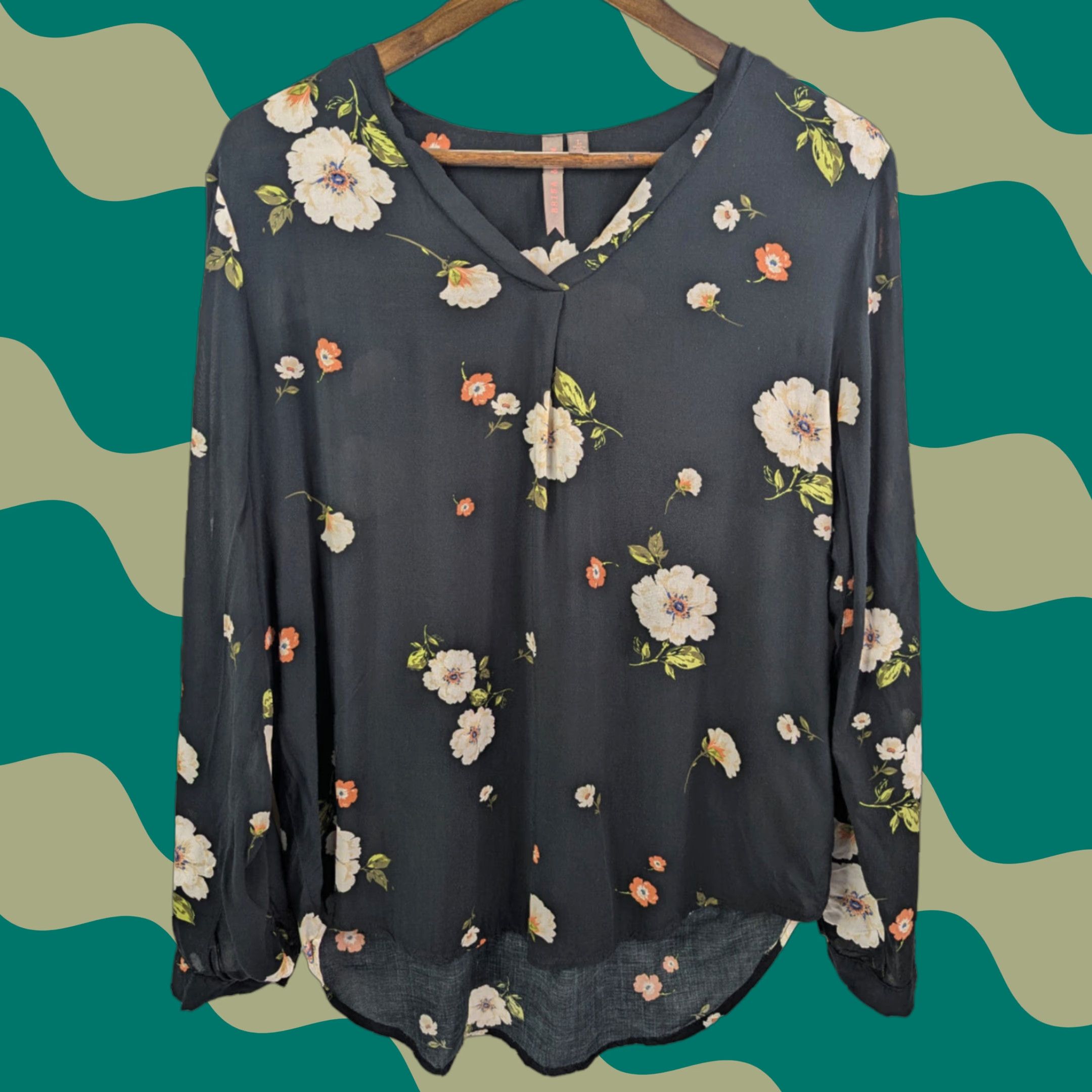 Vintage Brina & EM Blouse Shirt Floral Long Sleeve V-Neck Women's Large Black Size L / US 10 / IT 46 - 1 Thumbnail