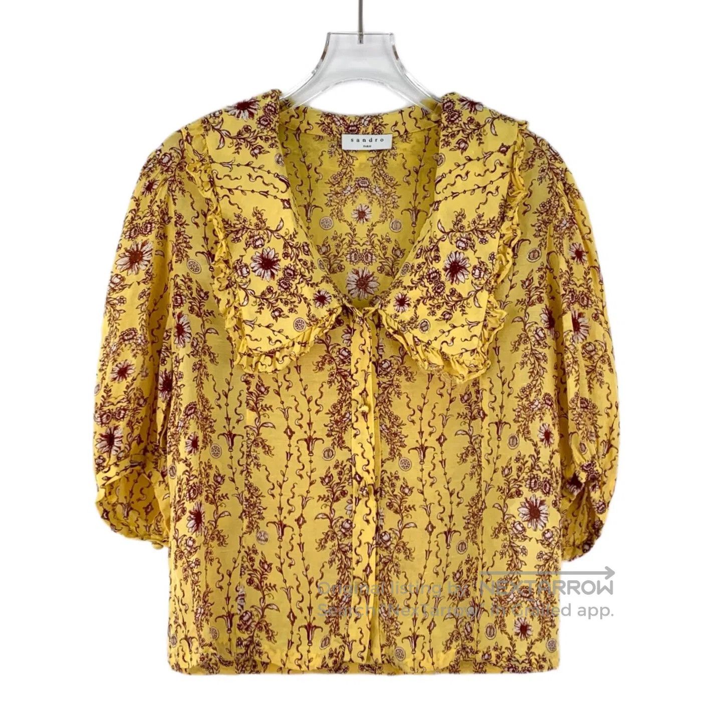Sandro Sandro Yellow Floral Print Peter Pan Collar Short Sleeve S Size M / US 6-8 / IT 42-44 - 1 Thumbnail